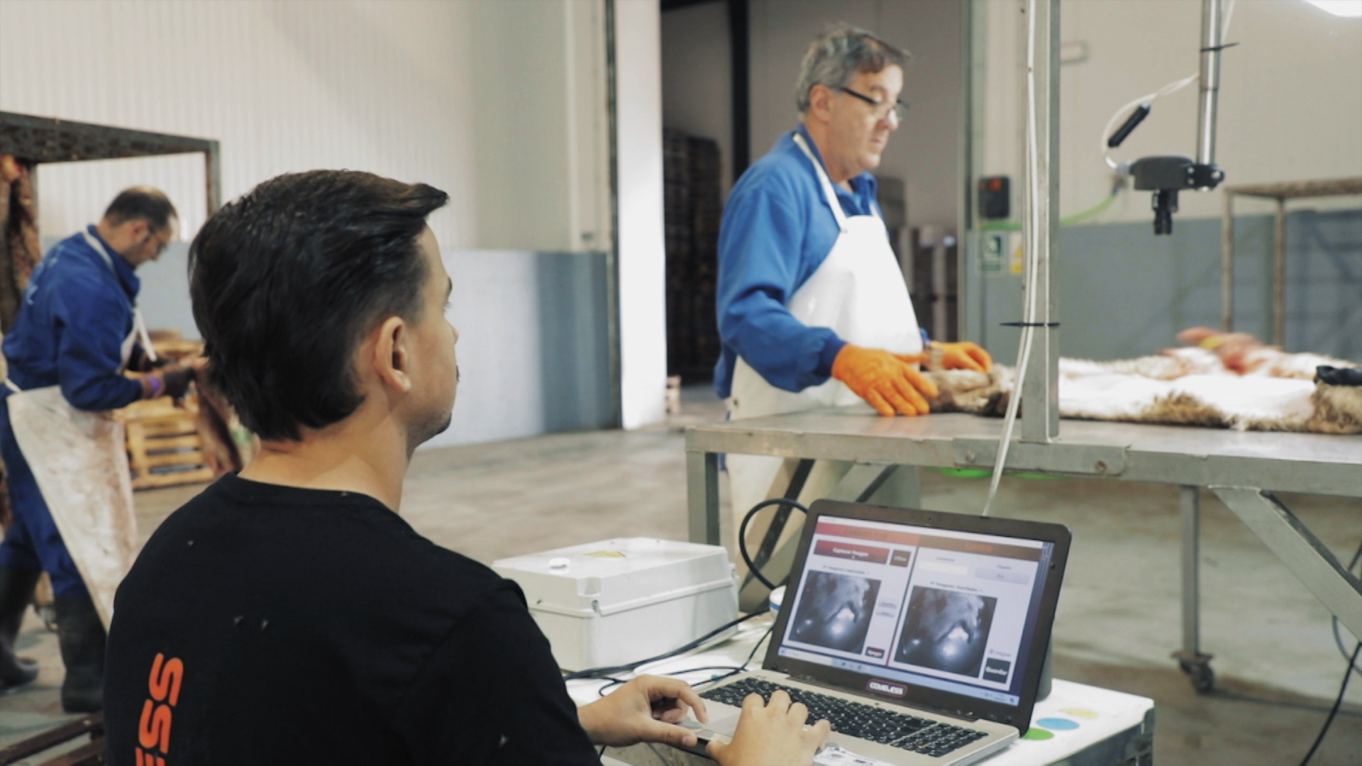 Técnicos trabajando con inteligencia artificial y pieles de cordero