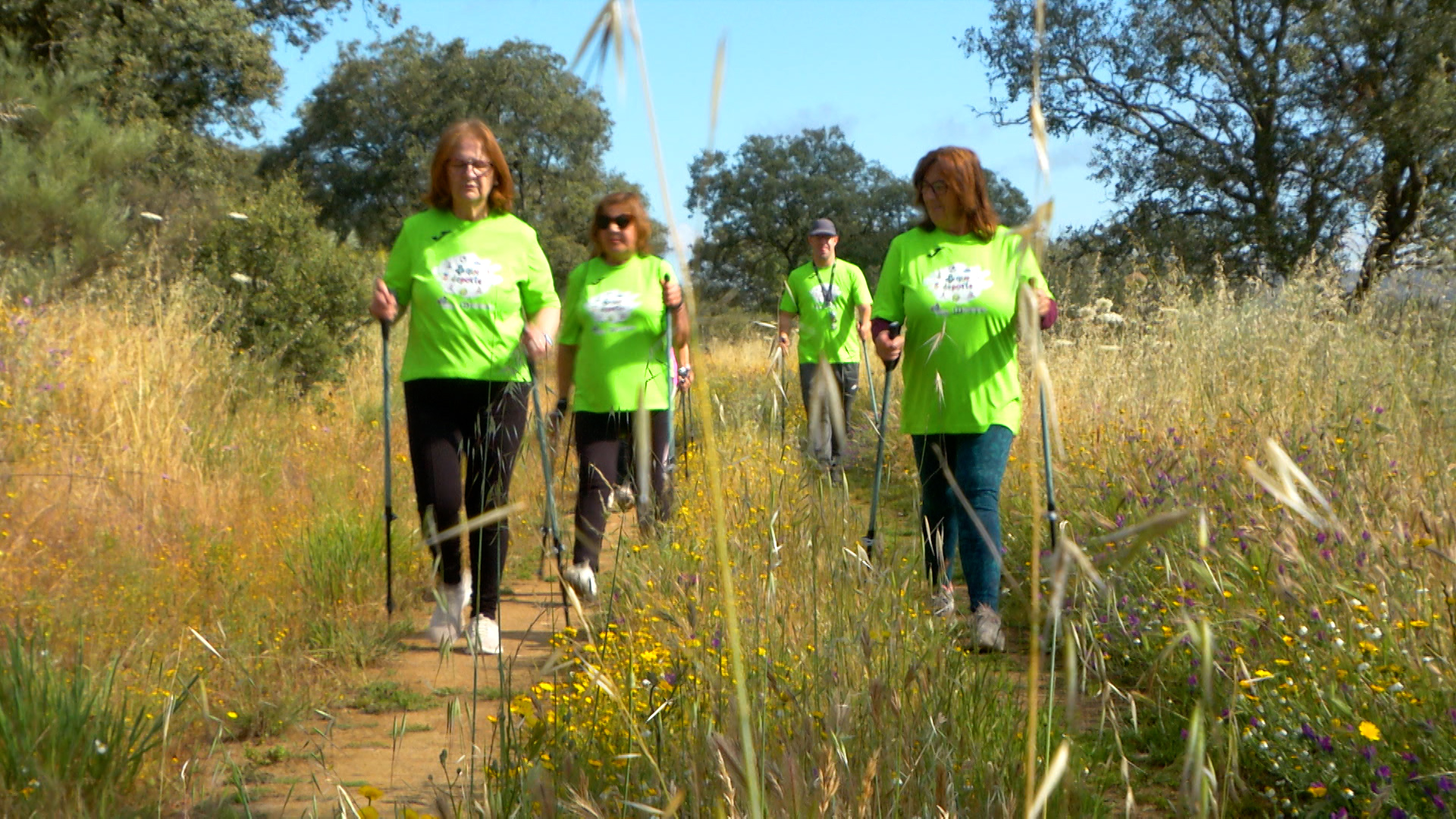 Personas con y sin discapacidad practican marcha nórdica inclusiva en la naturaleza