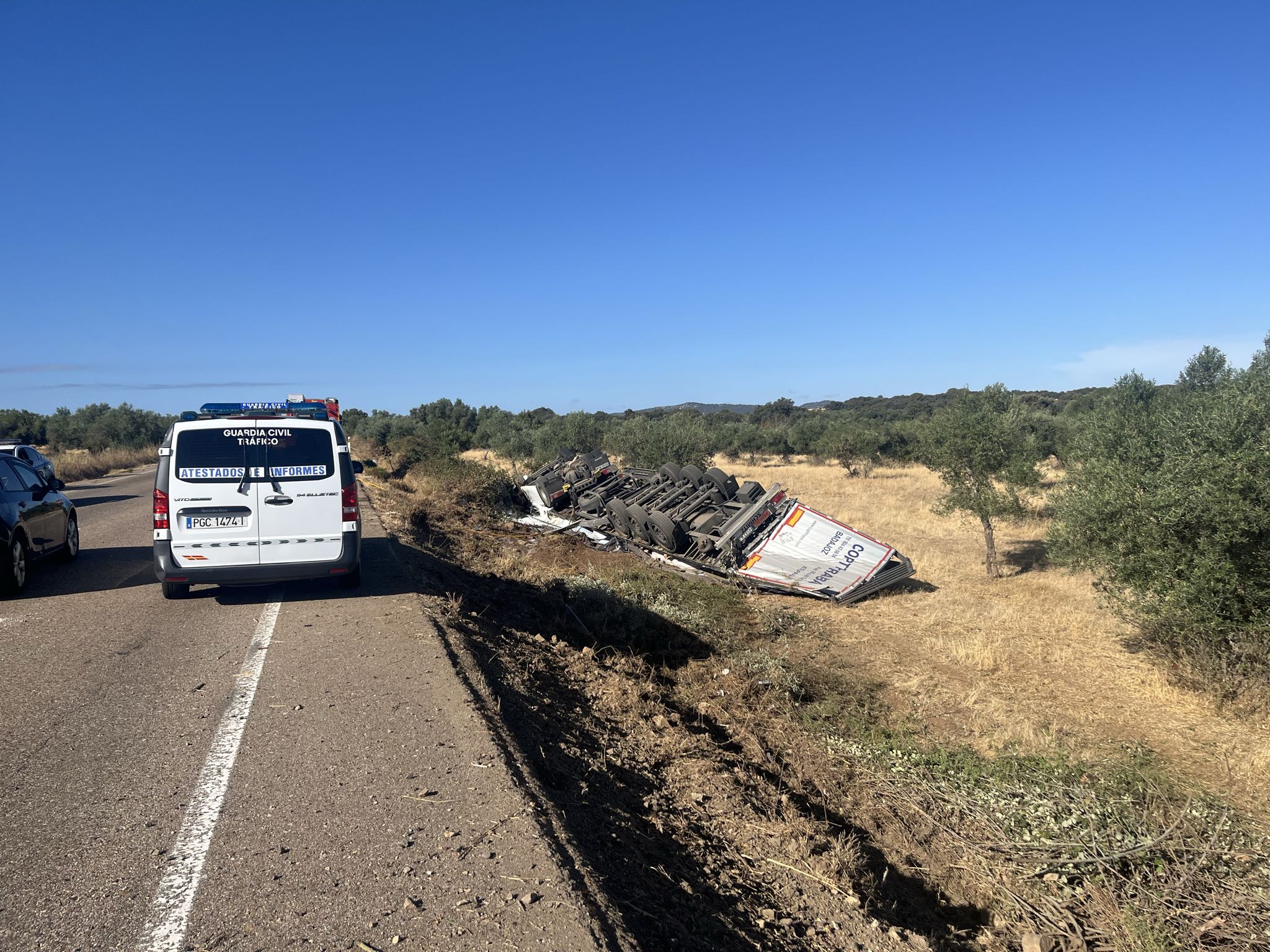 Un camionero resulta herido tras salirse de la la EX-101 en Fregenal de la Sierra