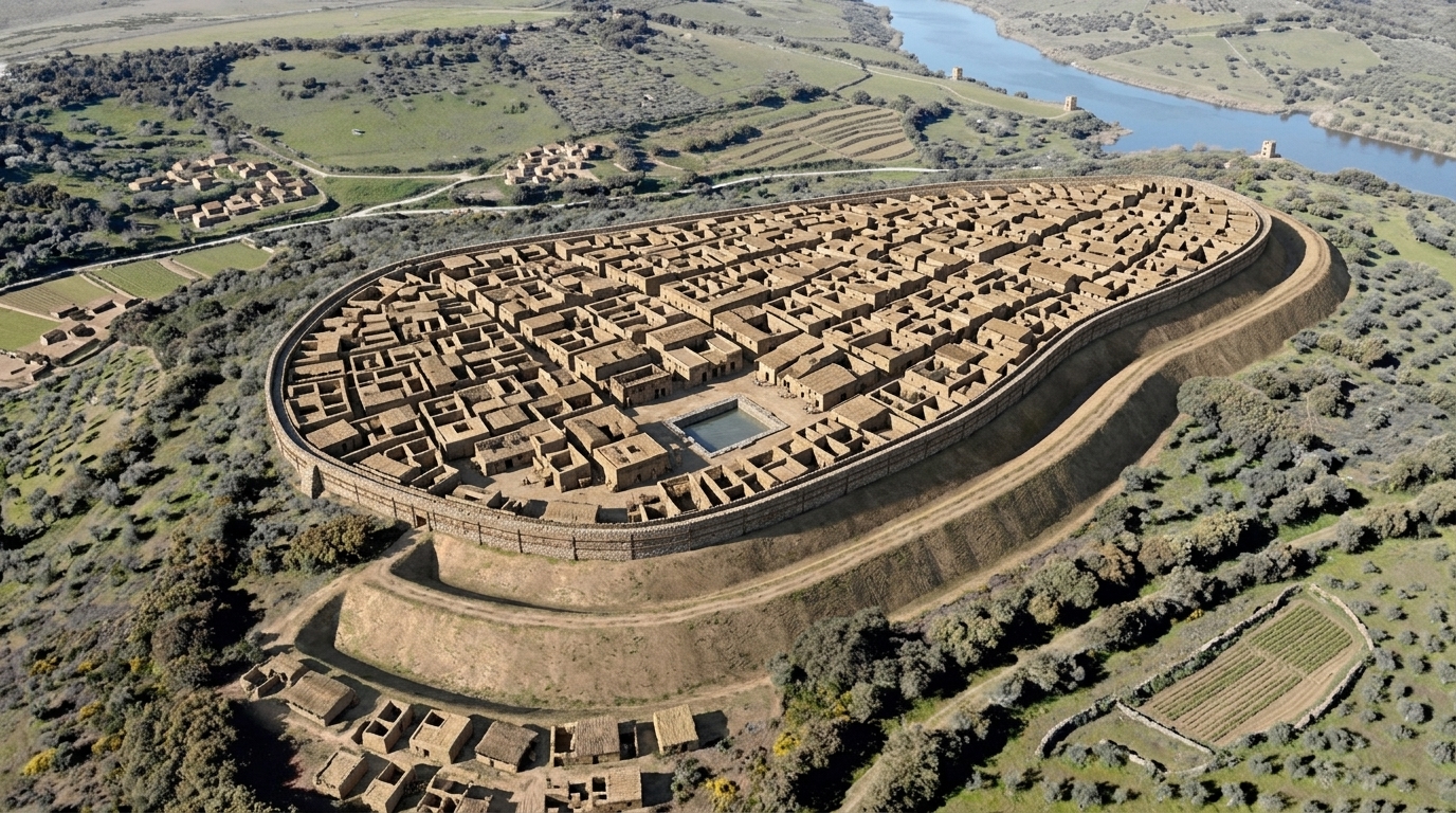 El Cerro de la Breña hace 2.000 años: recreación del gran poblado fortificado de la Segunda Edad del Hierro junto al Tajo.