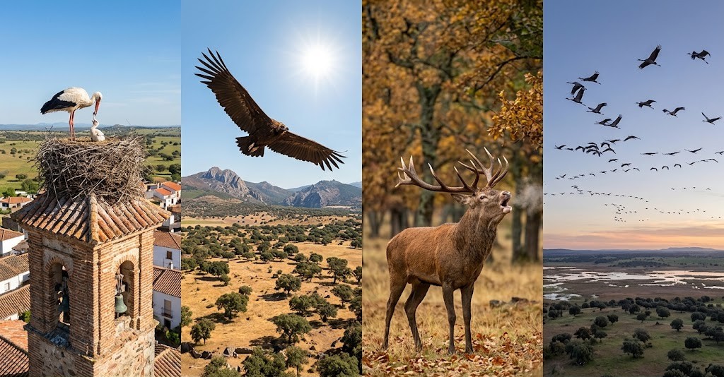 El ciclo de la vida en Extremadura: Primavera (Cigüeña blanca), Verano (Buitre negro), Otoño (Ciervo ibérico), e Invierno (Grullas comunes). Cuatro paneles, un solo territorio de biodiversidad