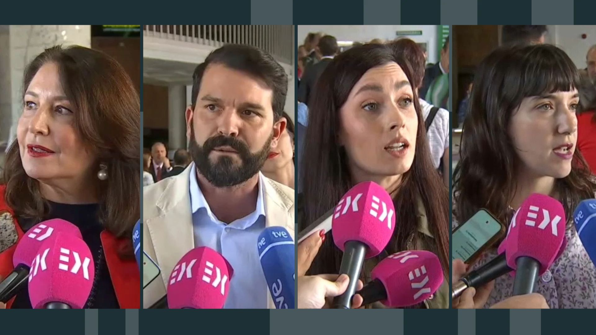 Carmen Crespo, del PP de Extremadura, Álvaro Sánchez Cotrina, del PSOE de Extremadura, Inés Checa, de Vox y Nerea Fernández, de Unidas por Extremadura