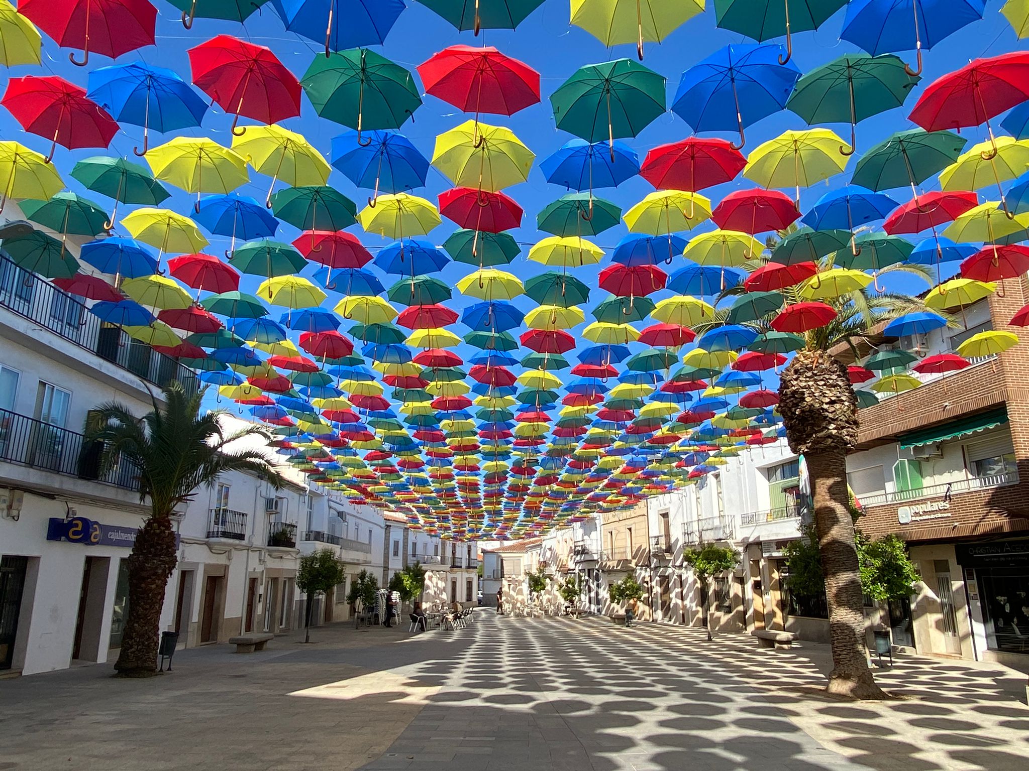 Los paraguas cubren las calles de Malpartida