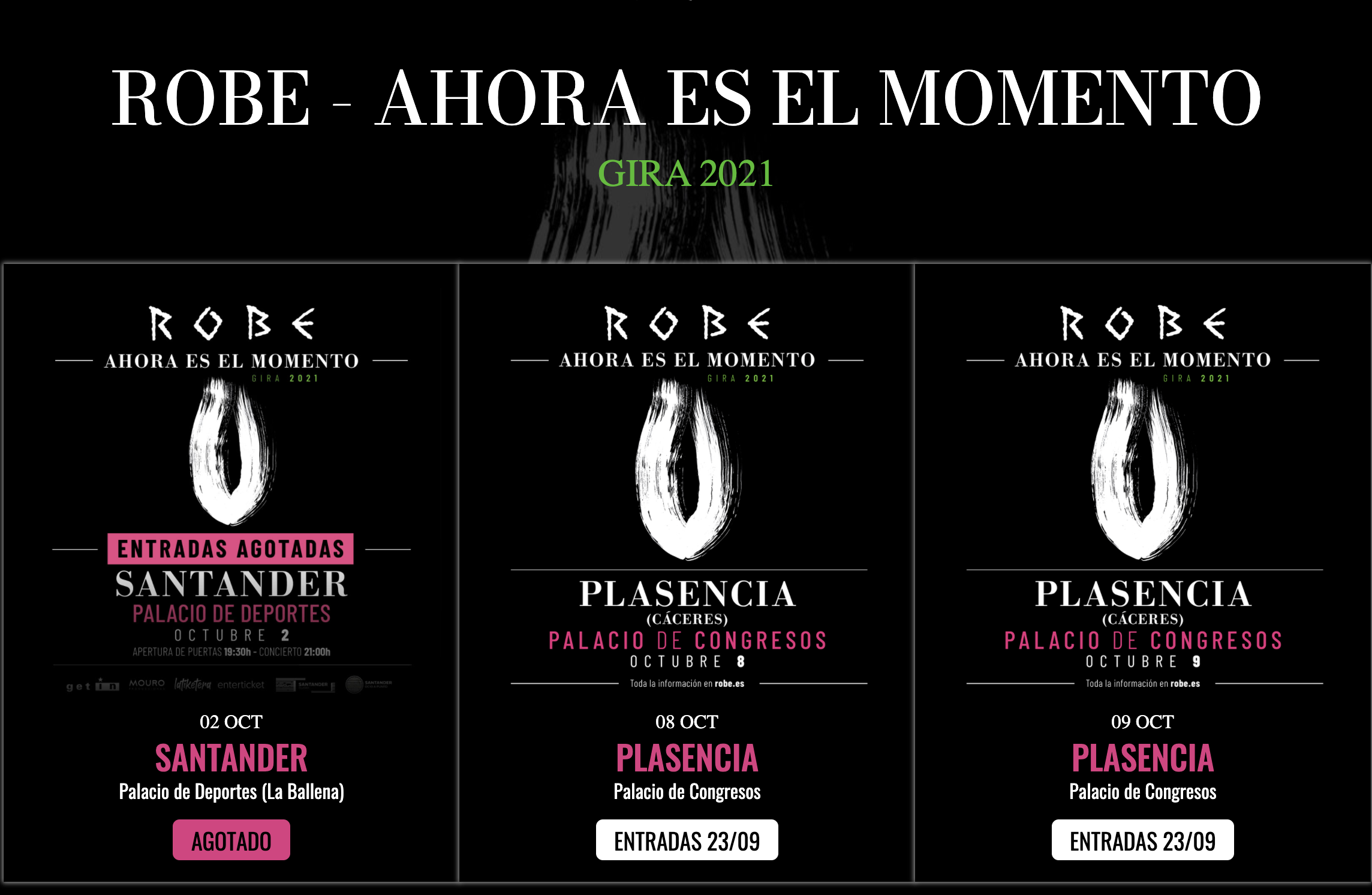 Web de Robe informando de la venta de entradas