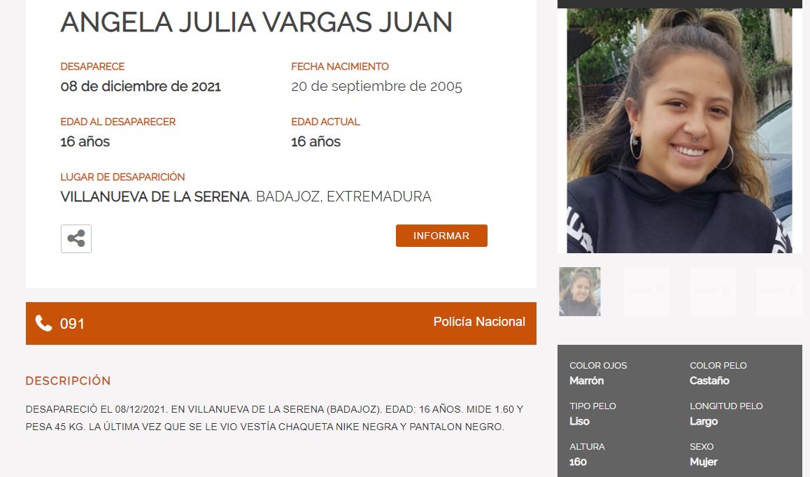 Ficha de la menor desaparecida en la web del Centro Nacional de Desaparecidos.