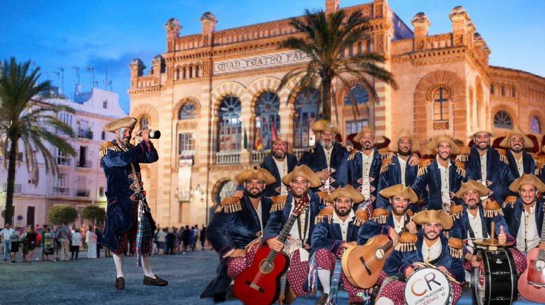 La comparsa en la puerta del Teatro Falla