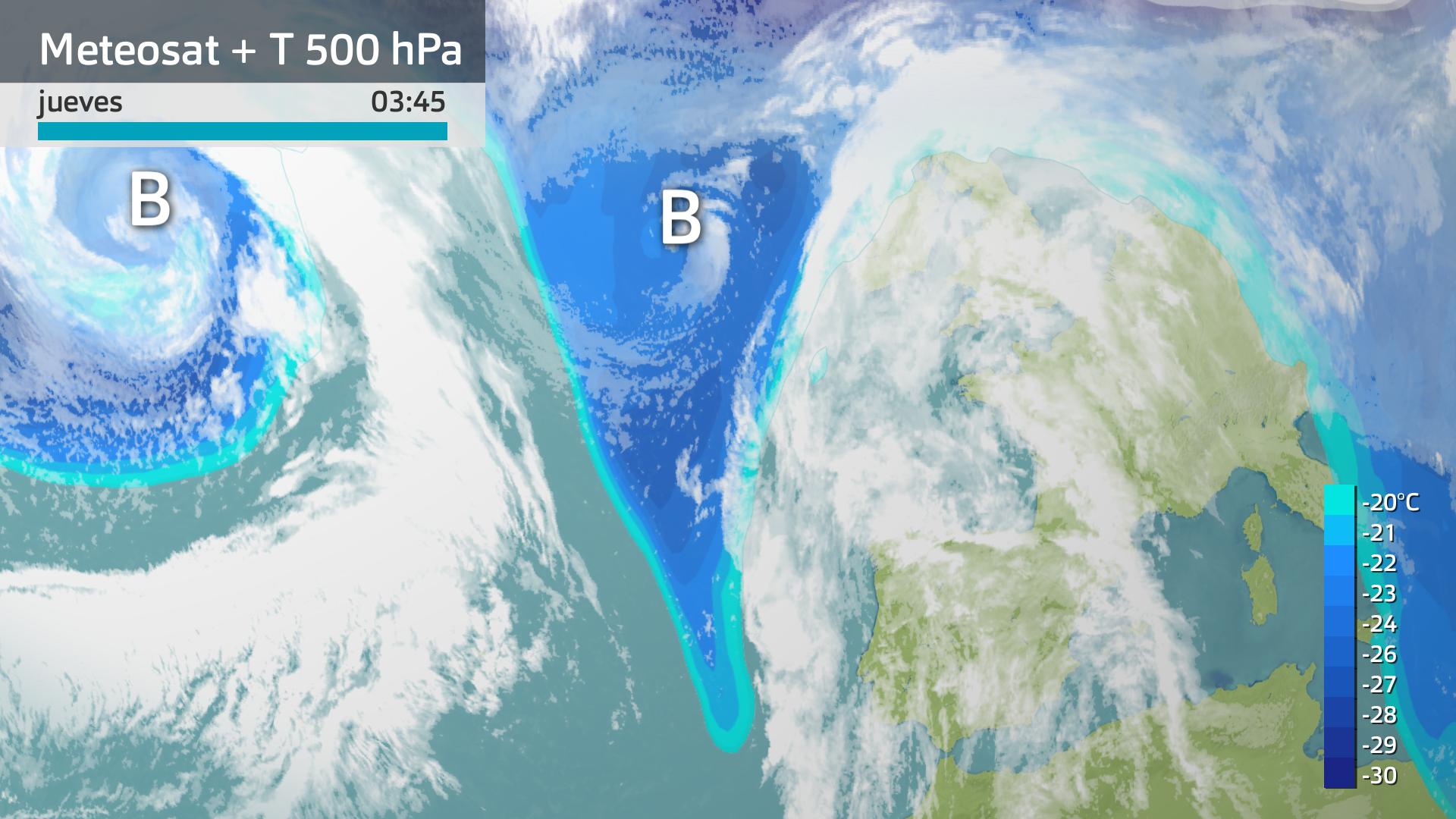 Imagen del Meteosat + temperatura a 500 hPa jueves 15 de febrero 3:45 h.