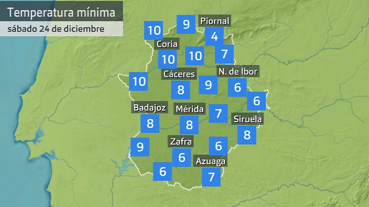 Temperatura mínima sábado 24 de diciembre. Datos hasta las 8:20 h. Aemet, Meteoclimatic et al.