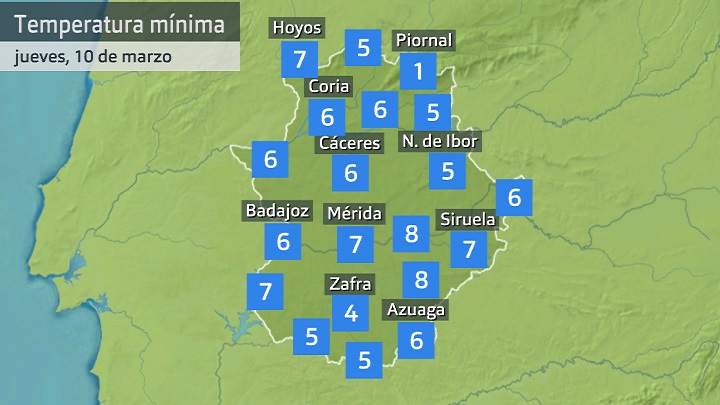 Temperatura mínima de hoy jueves 10 de marzo
