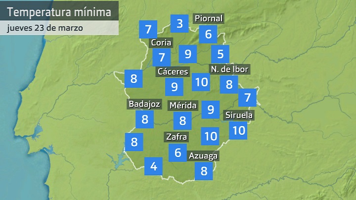 Temperatura mínima jueves 23 de marzo. Datos hasta las 6:30 h. Aemet, Meteoclimatic et al.