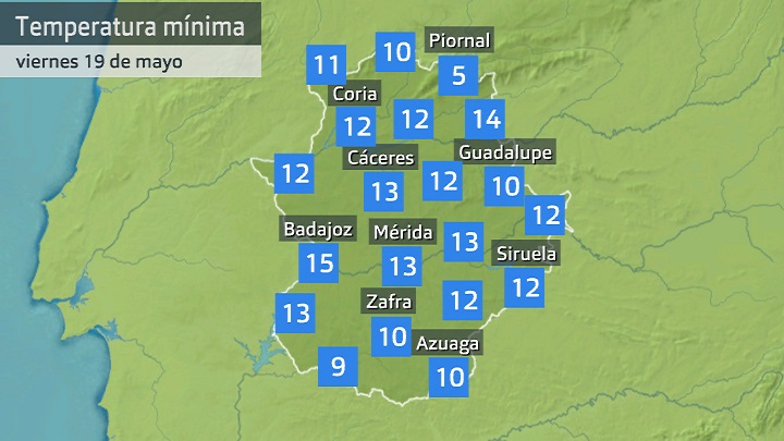 Temperatura mínima viernes 19 de mayo. Datos hasta las 6:30 h. Aemet, Meteoclimatic et al.