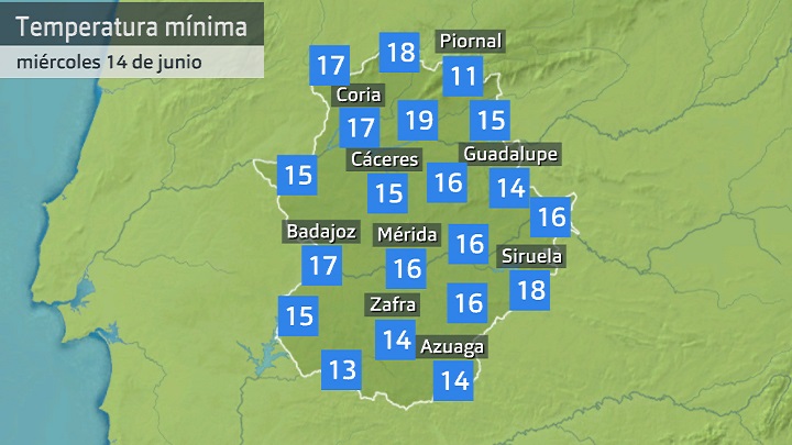 Temperatura mínima miércoles 14 de junio. Datos hastalas 6:30 h. Aemet, Meteoclimatic et al.