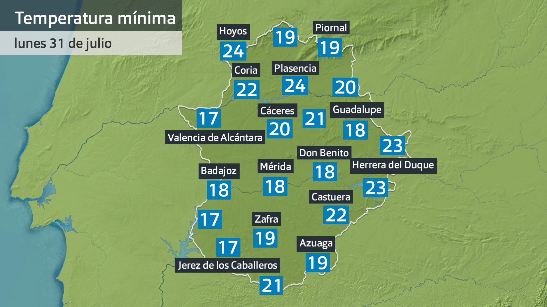 Temperatura mínima lunes 31 de julio. Datos hasta las 6:30 h. Aemet, Meteoclimatic et al.