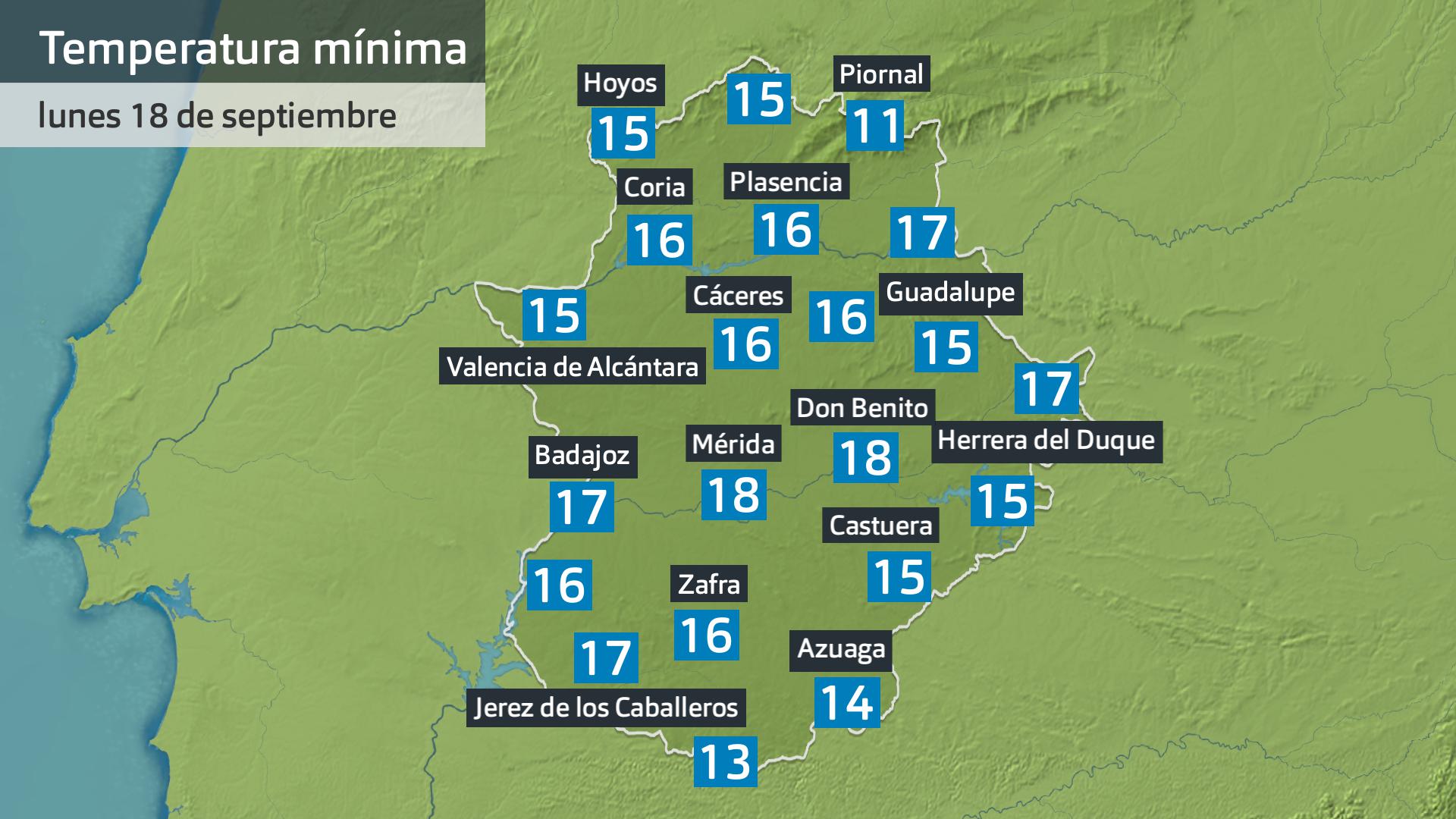 Temperatura mínima lunes 18 de septiembre. Datos hasta las 6:30 h. Aemet, Meteoclimatic et al.