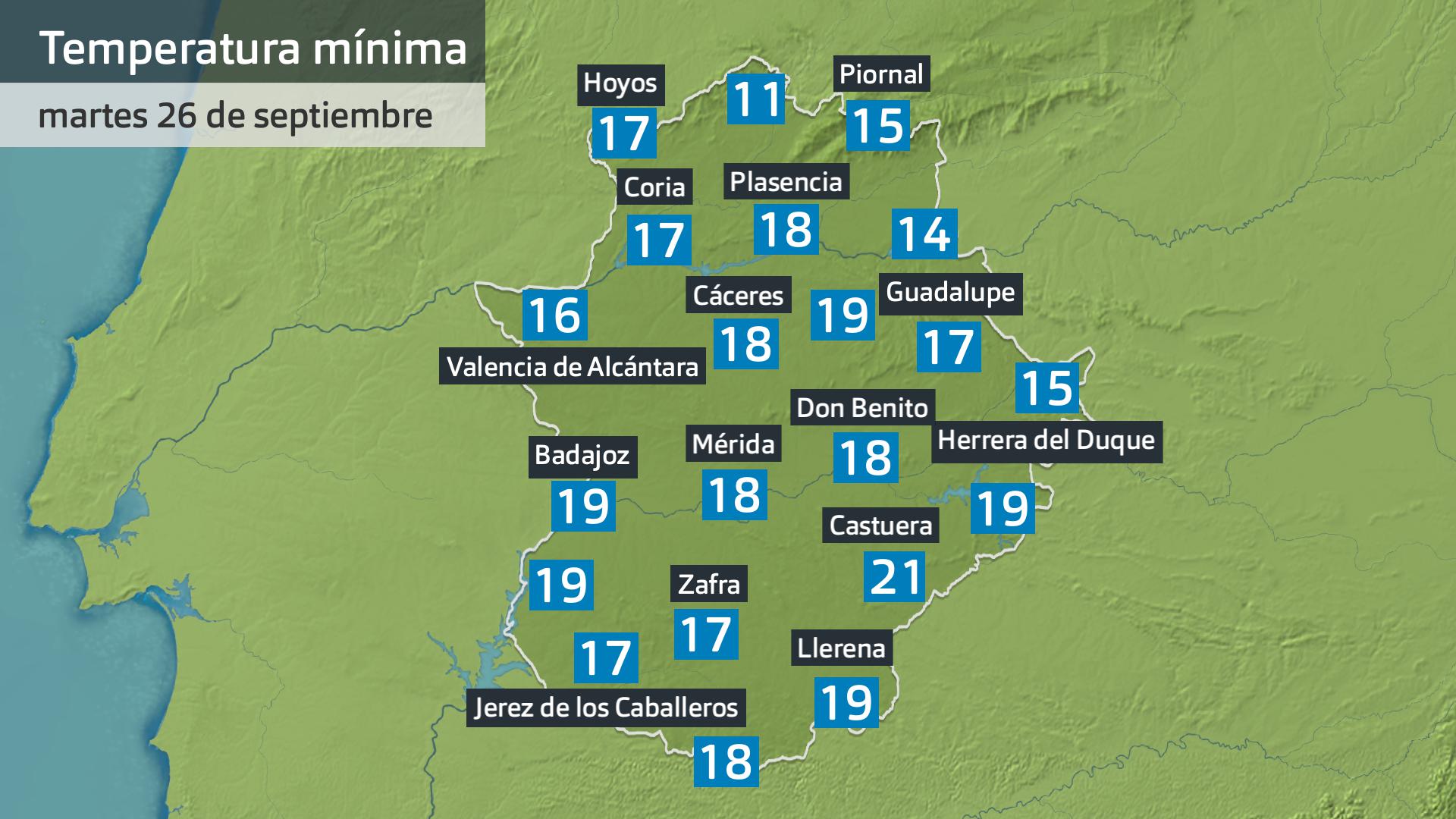 Temperatura mínima martes 26 de septiembre. Datos hasta las 6:30 h. Aemet, Meteoclimatic et al.
