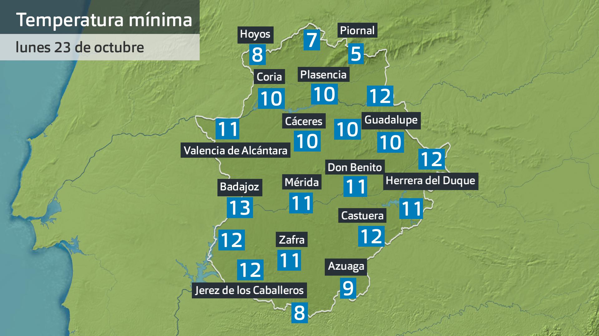 Temperatura mínima lunes 23 de octubre. Datos hasta las 6:30 h. Aemet, meteoclimatic et al.
