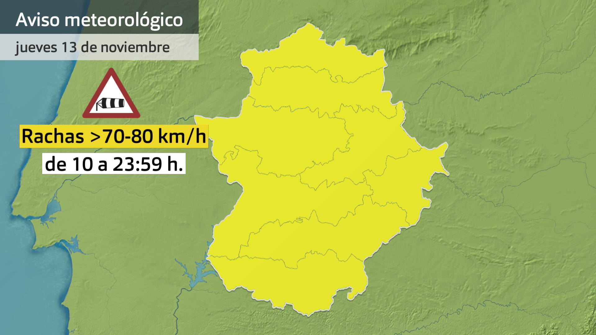 Avisos meteorológicos (Aemet) por viento para hoy jueves 13 de noviembre