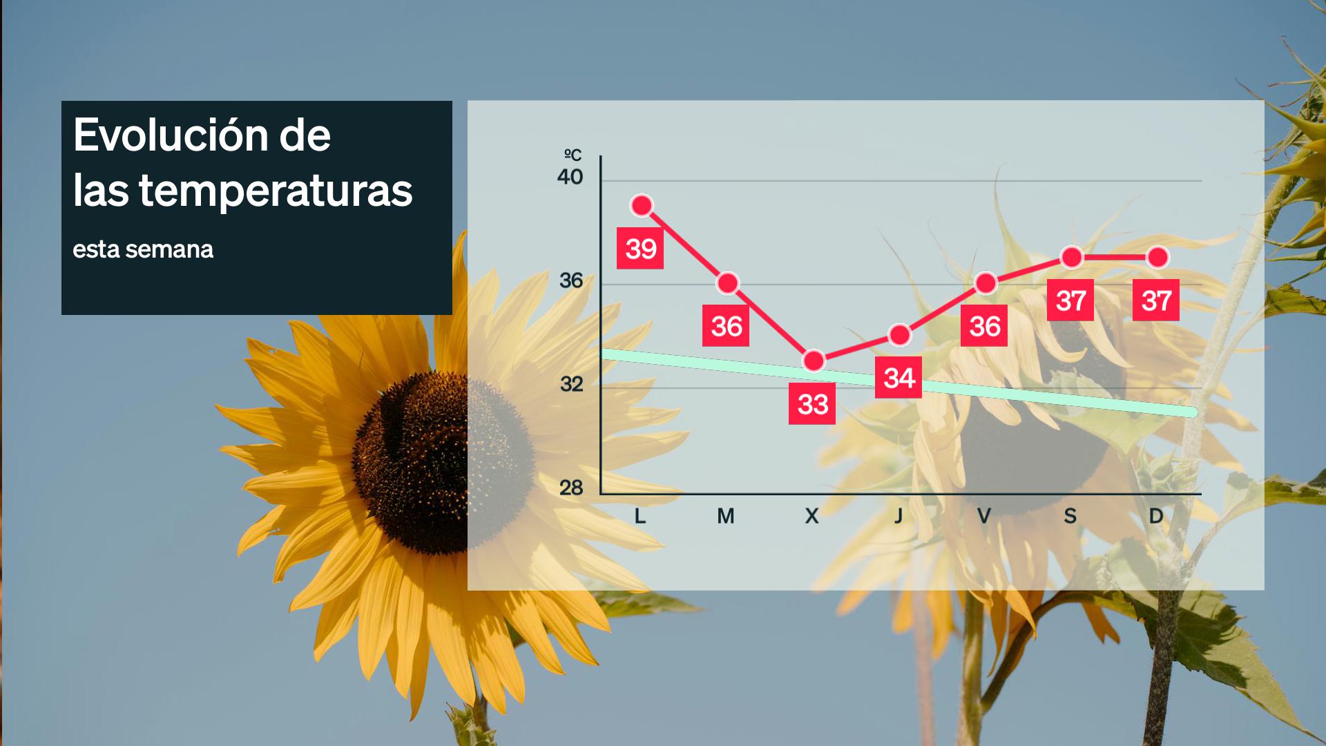 Evolución de las temperaturas máximas más altas previstas para esta semana