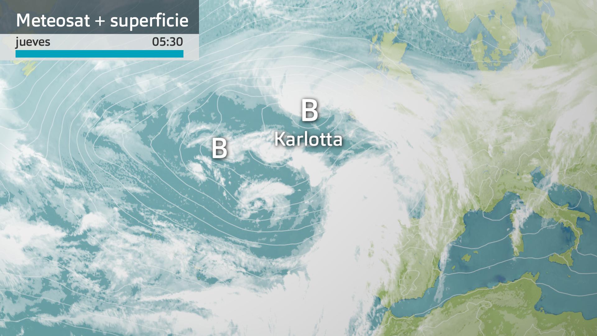 Imagen del Meteosat + mapa de superficie jueves 8 de febrero 5:30 h.