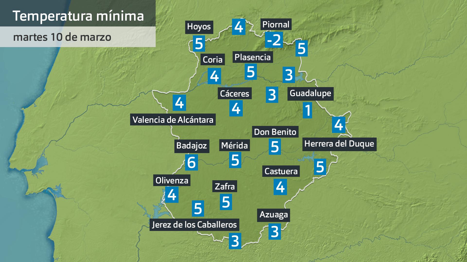 Temperatura mínima martes 10 de marzo. Datos hasta las 6 h. Aemet, Meteoclimatic et al.