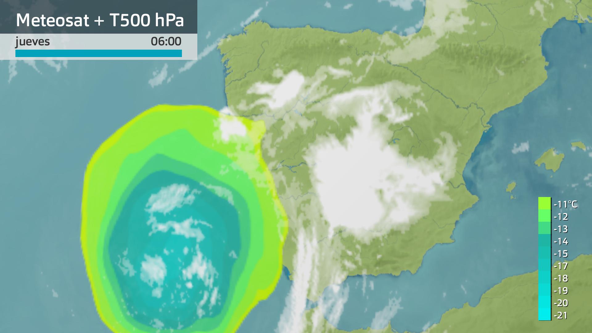 Imagen del Meteosat + temperatura a 500 hPa jueves 27 de junio 6 h.