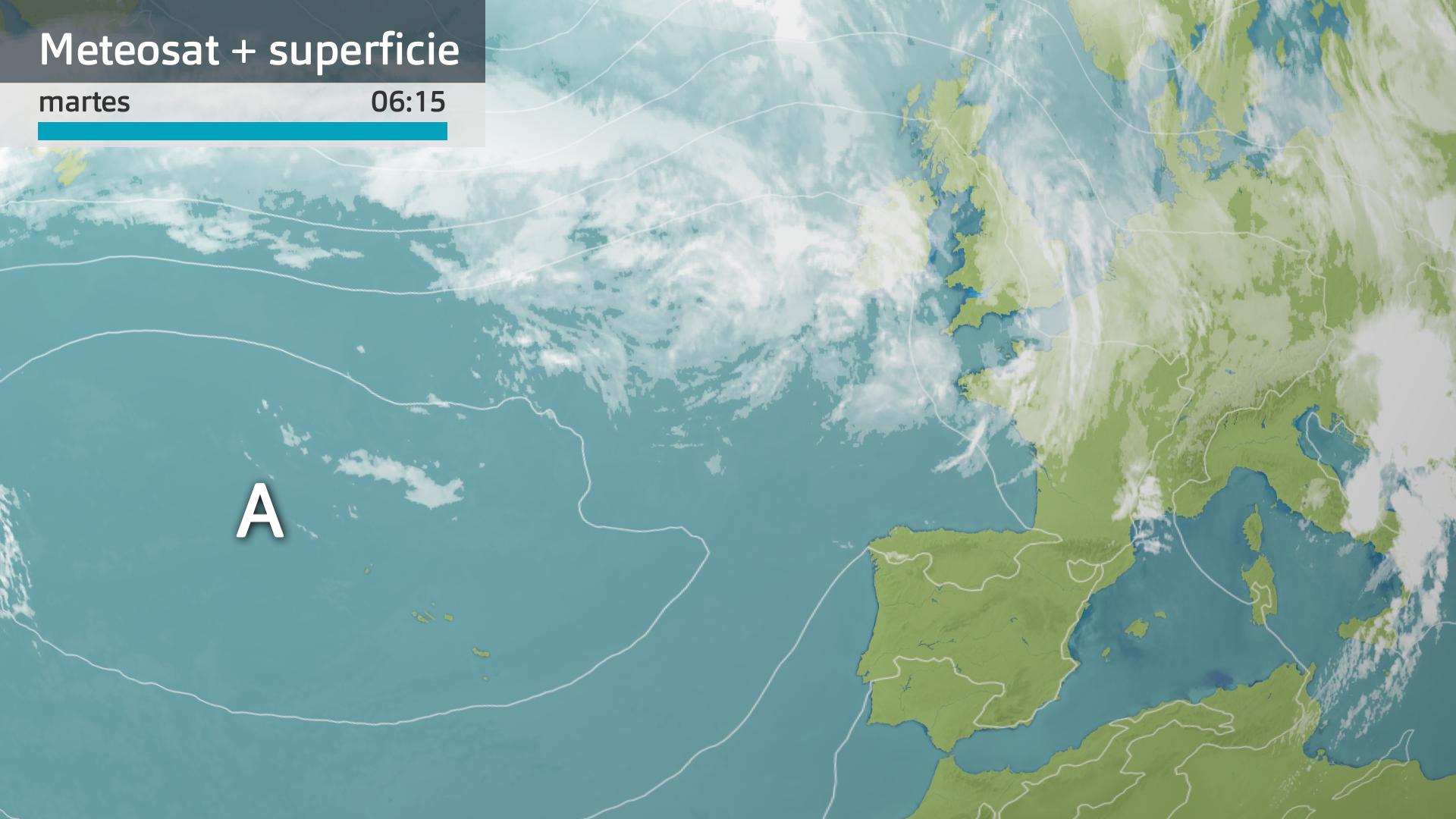 Imagen del Meteosat + mapa de superficie martes 2 de julio 6:15 h.