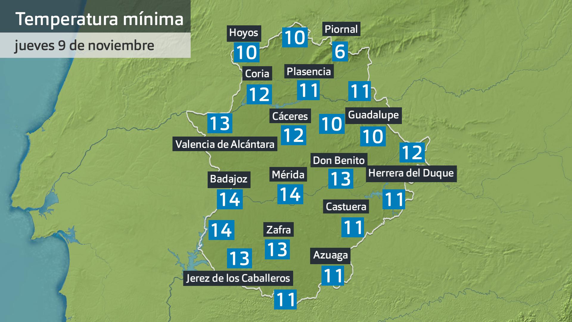 Temperatura mínima jueves 9 de novkembre. Datos hasta las 6:30 h. Aemet, Meteclimatic et al.