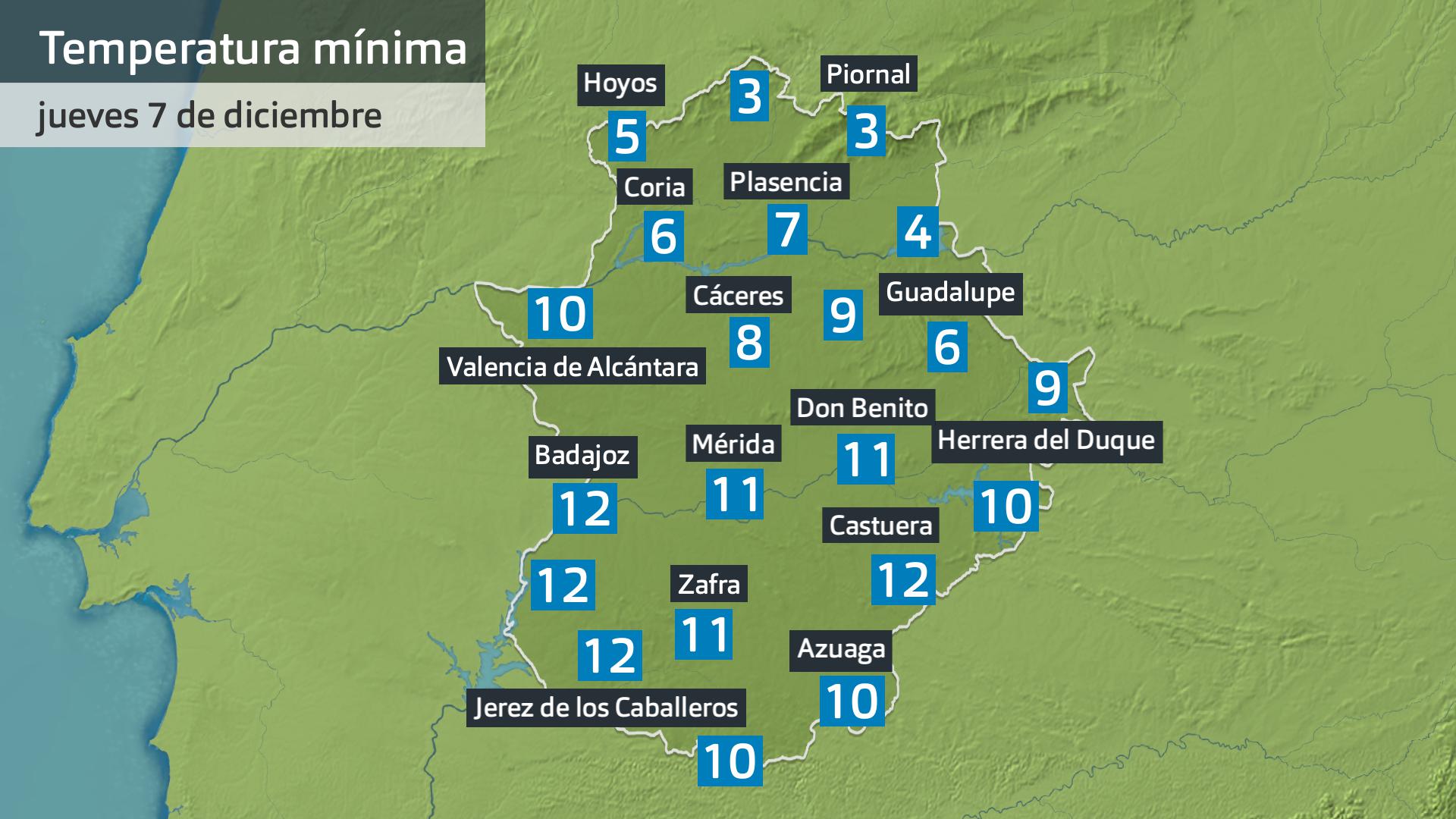 Temperatura mínima jueves 7 de diciembre. Datos hasta las 6:30 h. Aemet, Meteoclimatic et al.