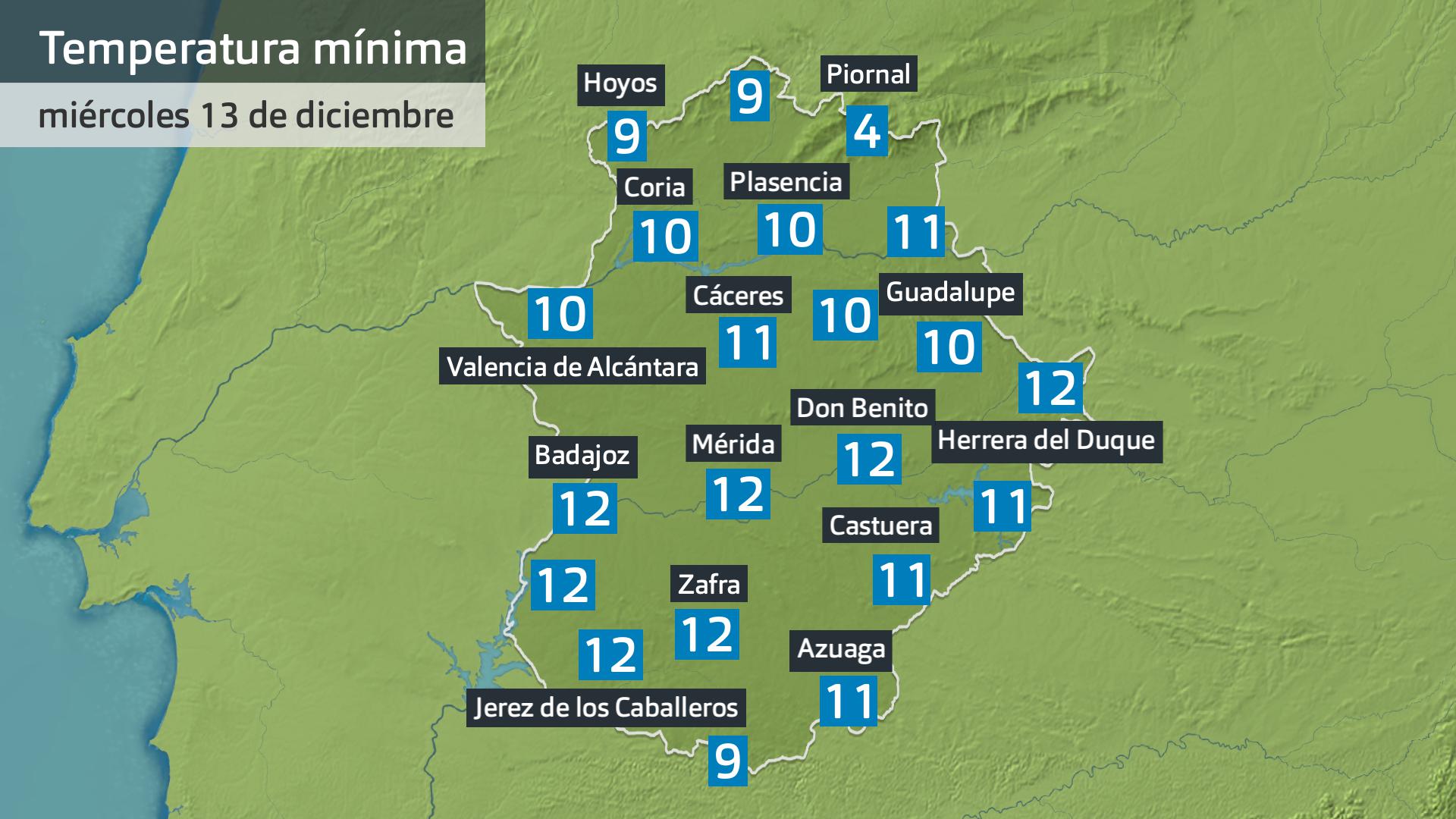 Temperatura mínima miércoles 13 de diciembre. Datos hasta las 6:30 h. Aemet, Meteoclimatic et al.