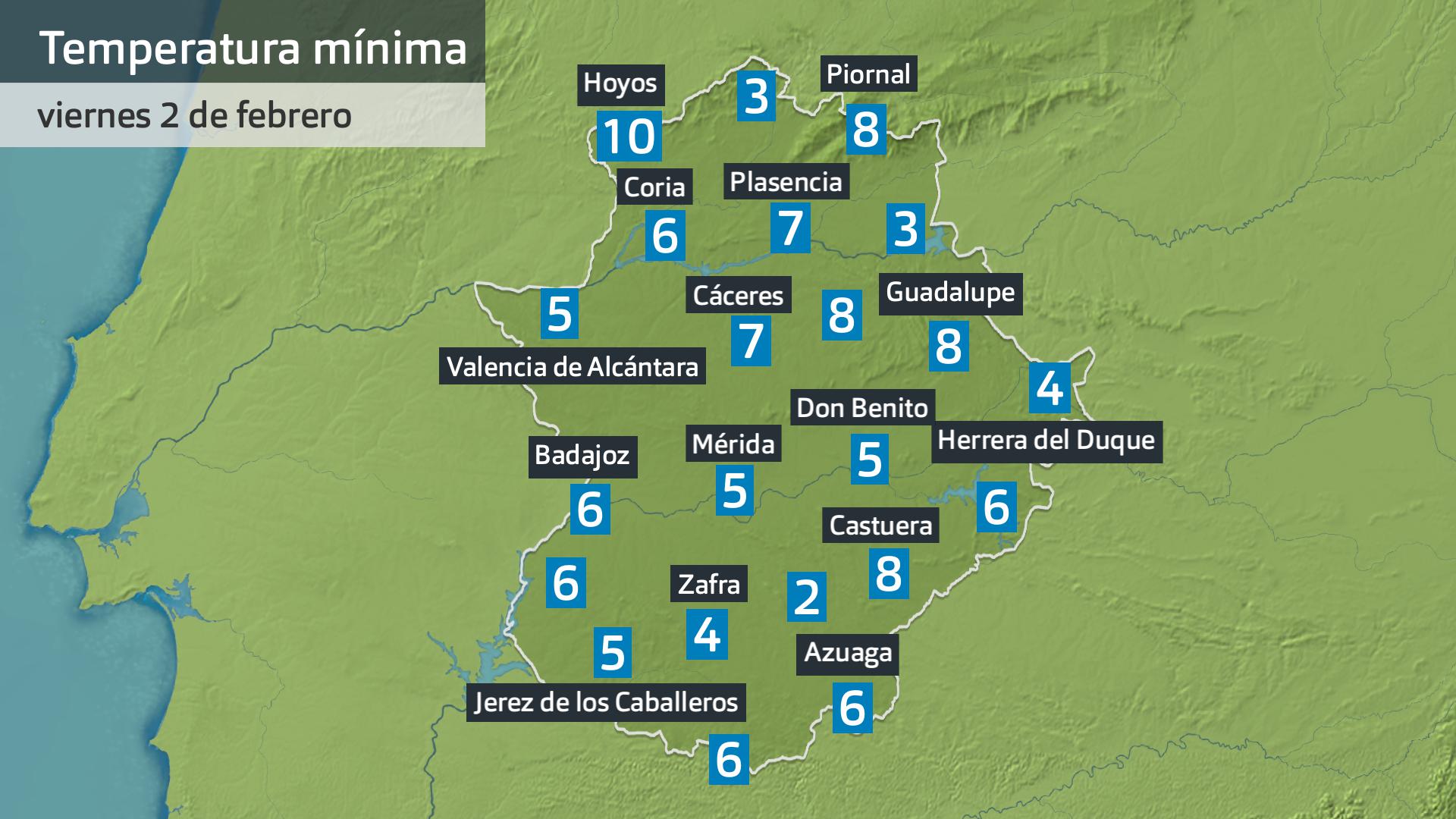 Temperatura mínima viernes 2 de febrero. Datos hastas las 6:30 h. Aemet, Meteoclimatic et al.