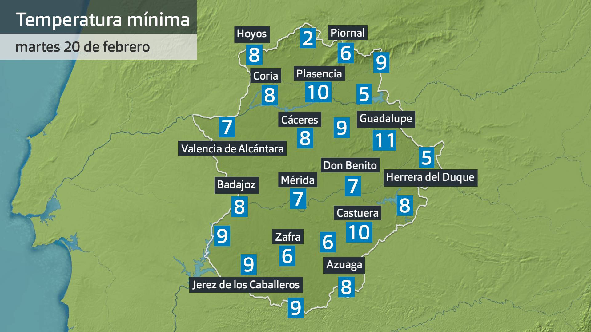 Temperatura mínima martes 20 de febrero. Datos hasta las 6:30 h. Aemet, Meteoclimatc et al.