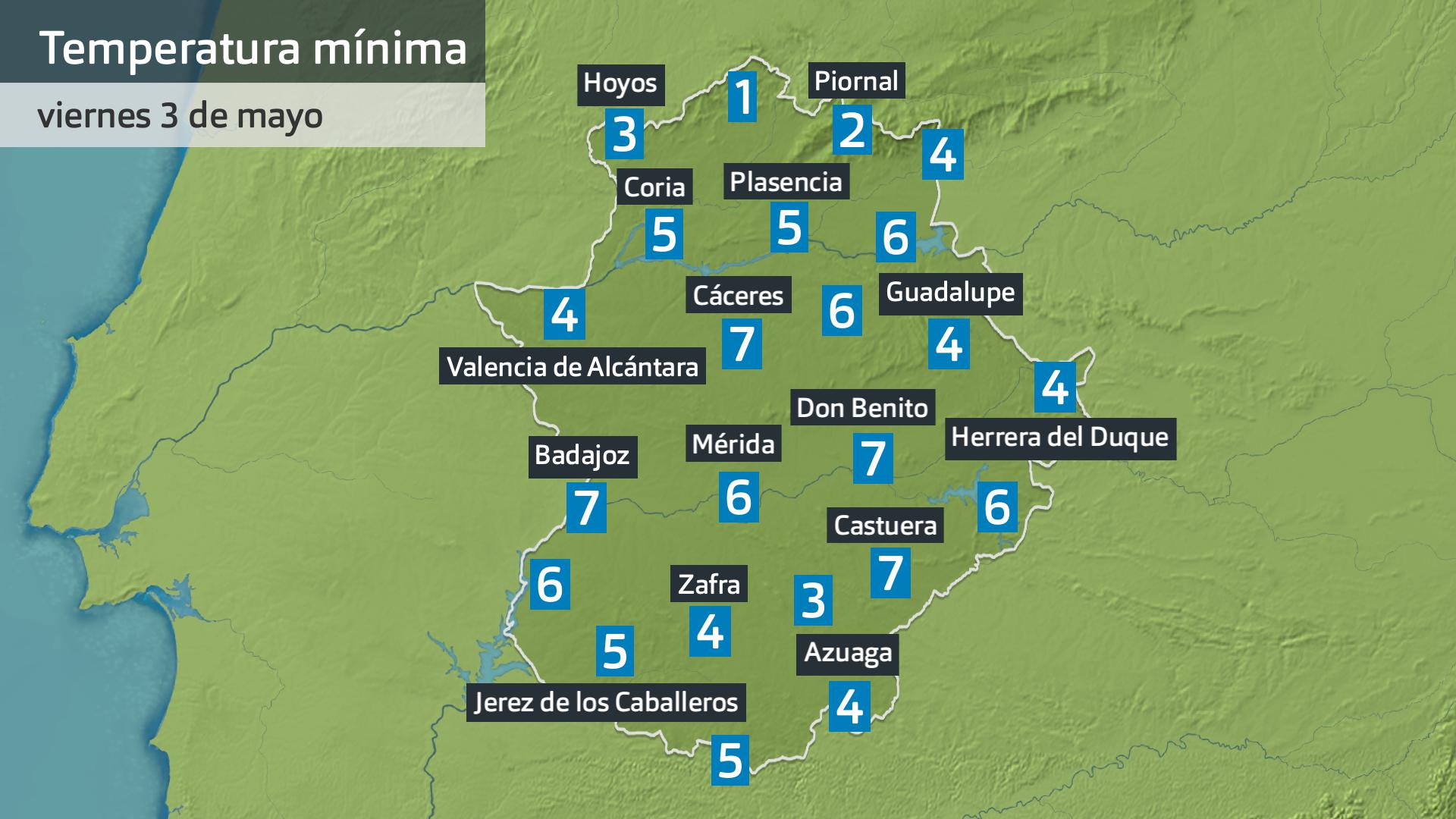 Temperatura mínima viernes 3 de mayo. Datos hasta las 7:45 h. Aemet, Meteoclimatic et al.
