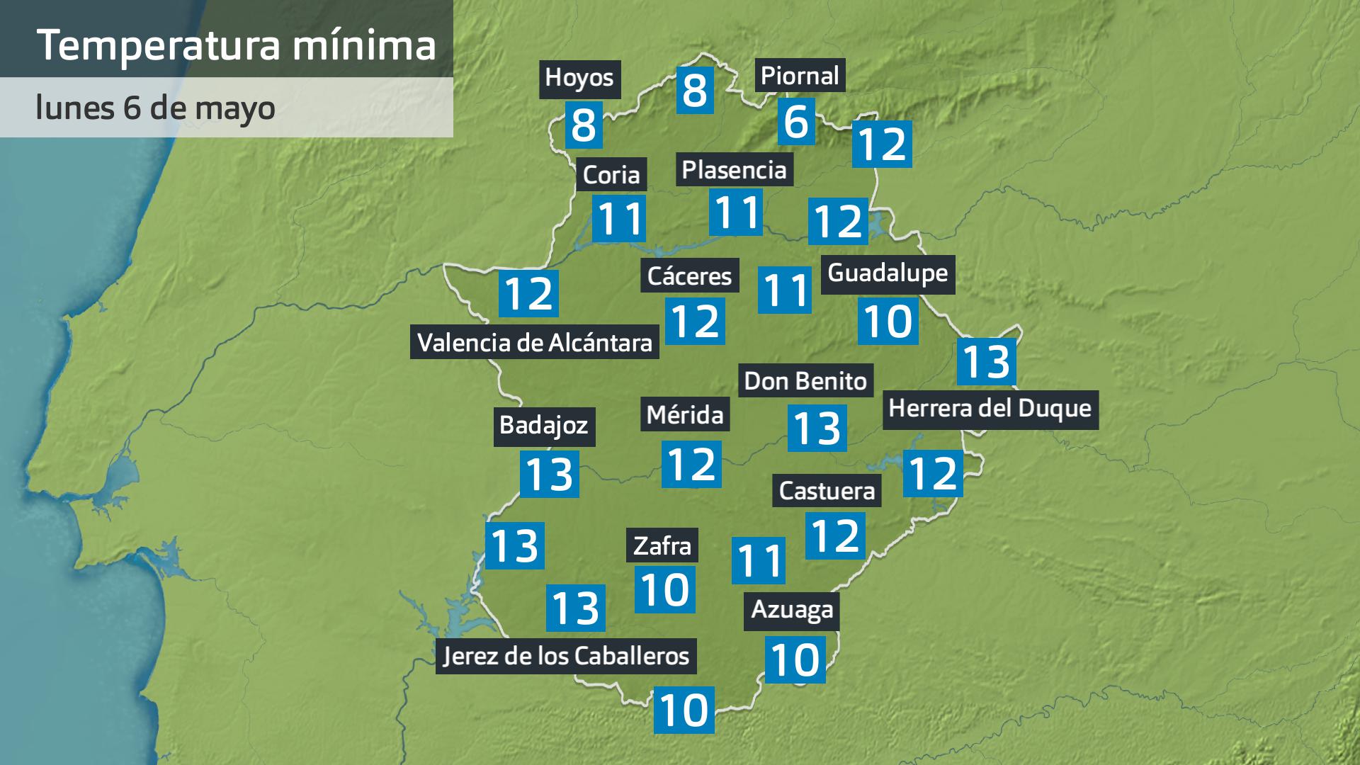 Temperatura mínima lunes 6 de mayo. Datos hasta las 7:45 h. Aemet, Meteoclimatic et al.