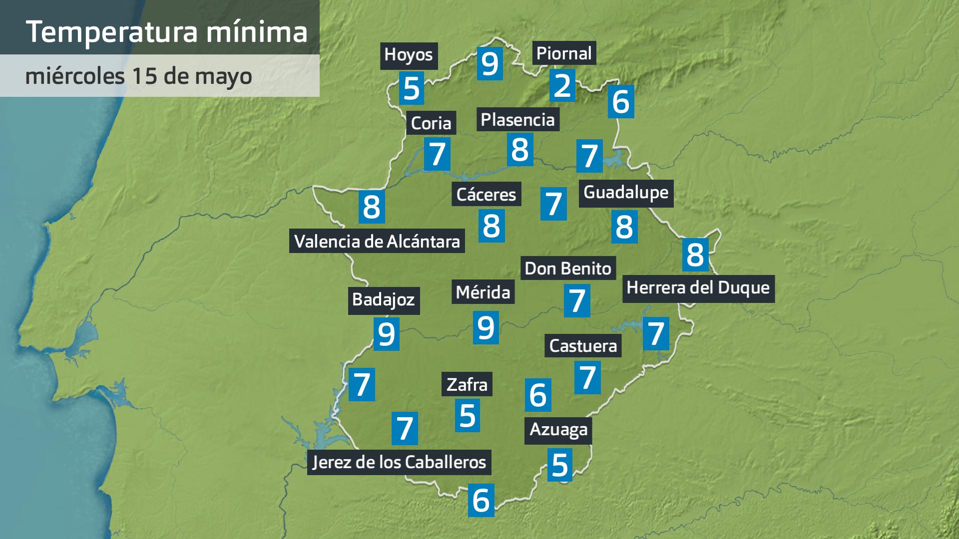 Temperatura mínima miércoles 15 de mayo. Datos hasta las 7:30 h. Aemet, Meteoclimatic et al.