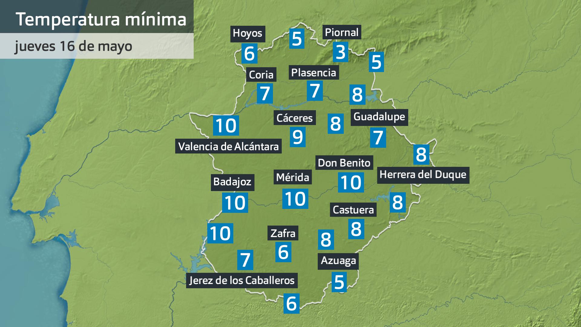 Temperatura mínima jueves 16 de mayo. Datos hasta las 7:45 h. Aemet, Meteoclimatic et al.