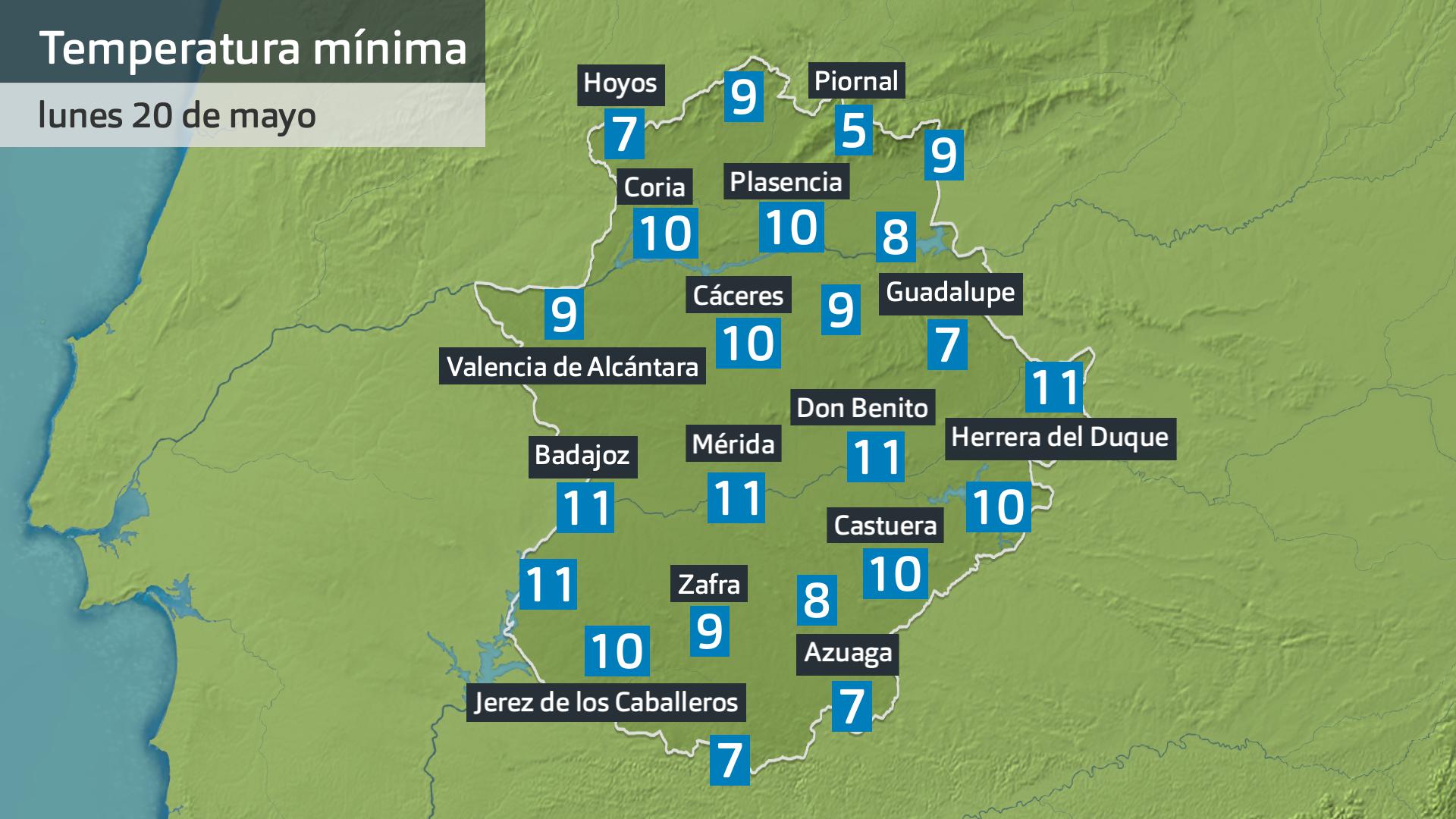 Temperatura mínima lunes 20 de mayo. Datos hasta las 7:30 h. Aemet, Meteoclimatc et al.