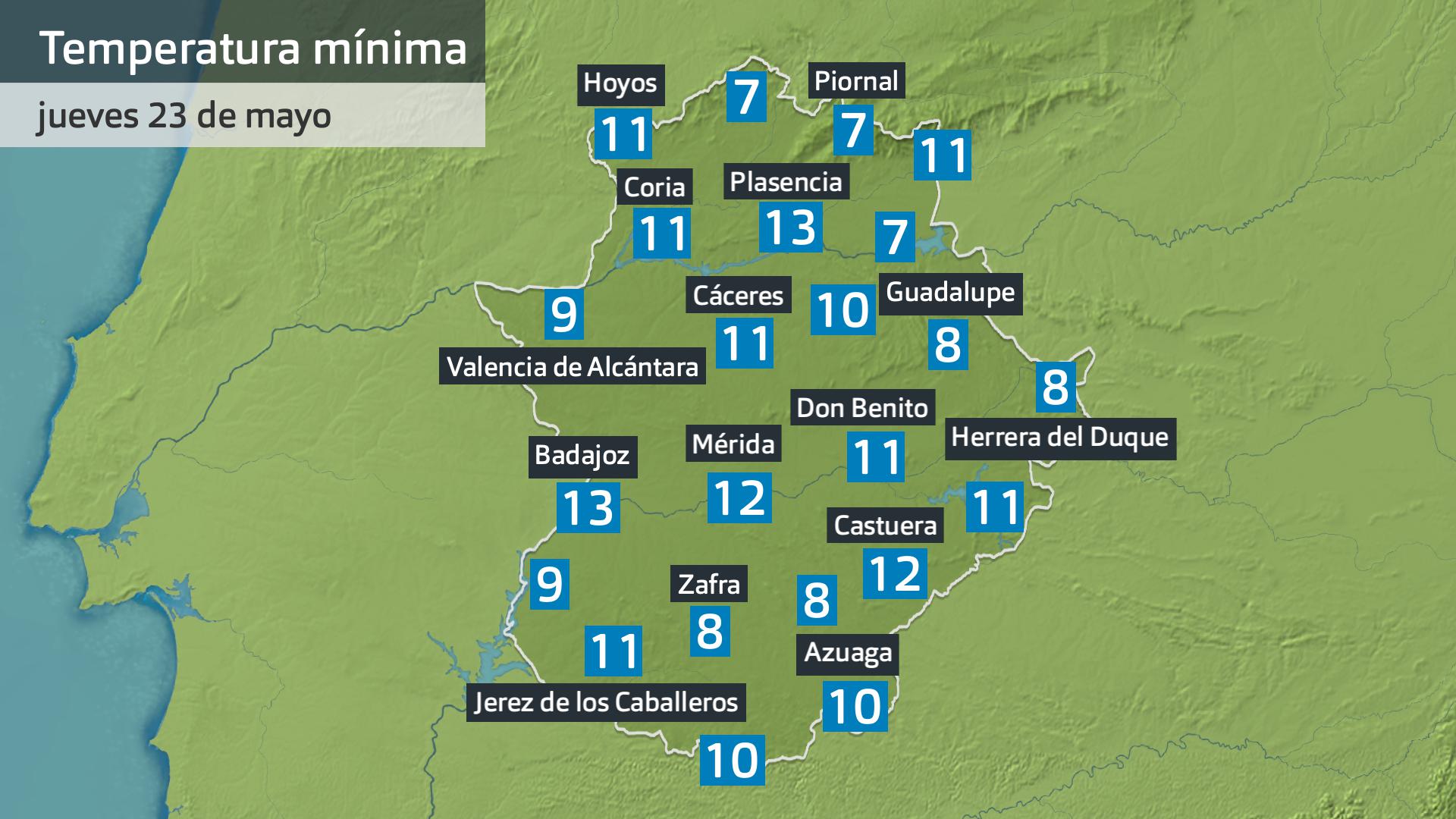 Temperatura mínima jueves 23 de mayo. Datos hasta las 6:30 h. Aemet, Meteoclimatic et al.