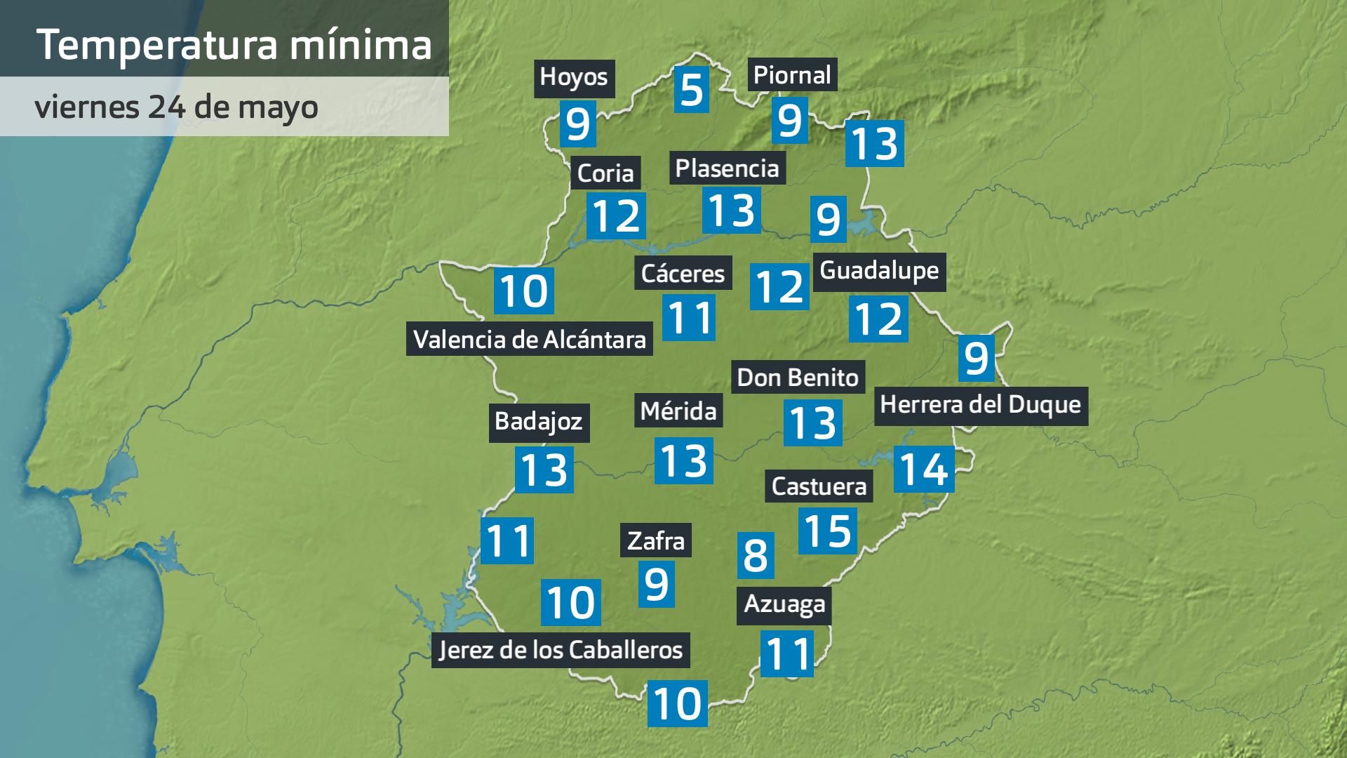 Temperatura mínima viernes 24 de mayo. Datos hasta las 7:45 h. Aemet, Meteoclimatic et al.
