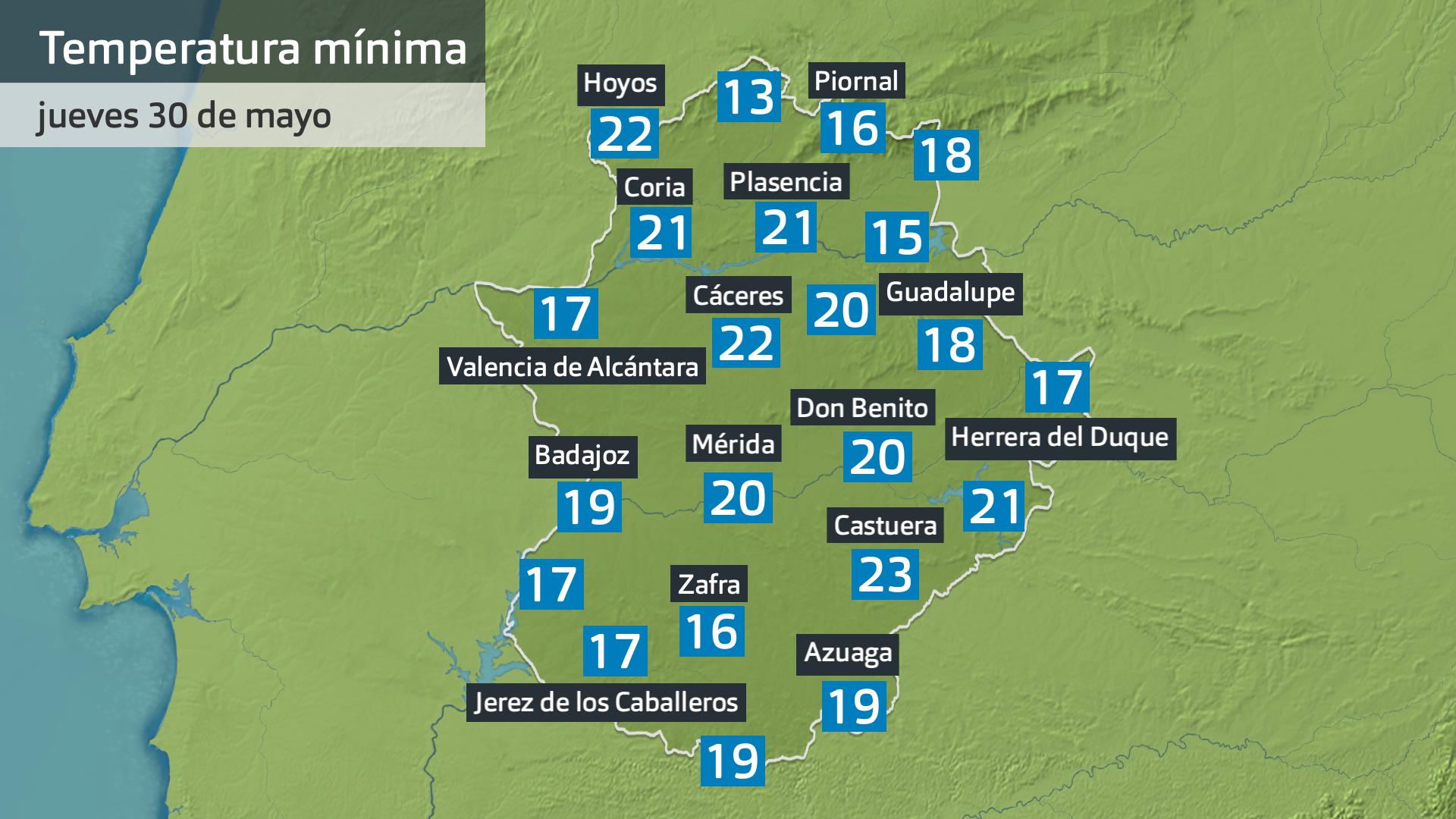 Temperatura mínima jueves 30 de mayo. Datos hasta las 6:45 h. Aemet, Meteoclimatic et al.