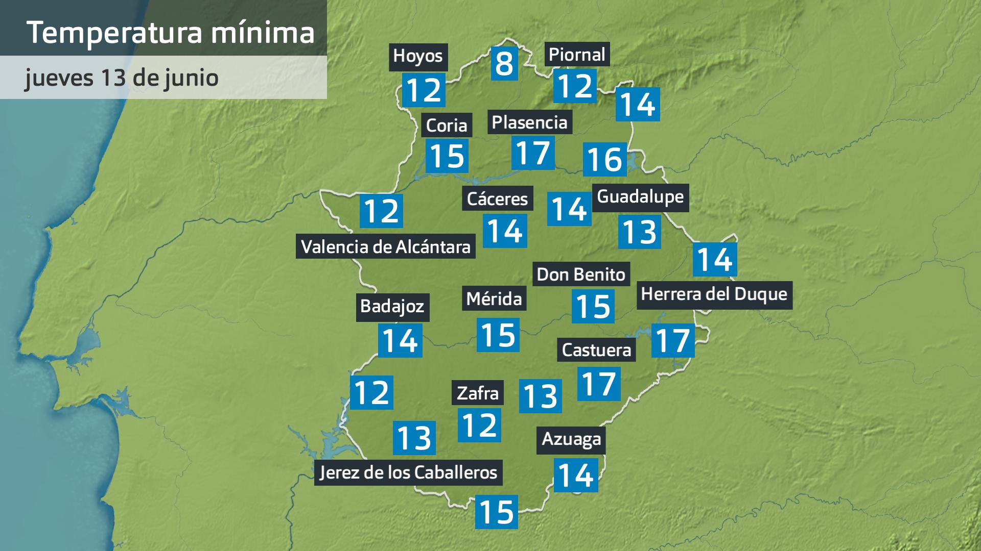 Temperatura mínima jueves 13 de junio. Datos hasta las 7:30 h. Aemet, Meteoclimatc et al.