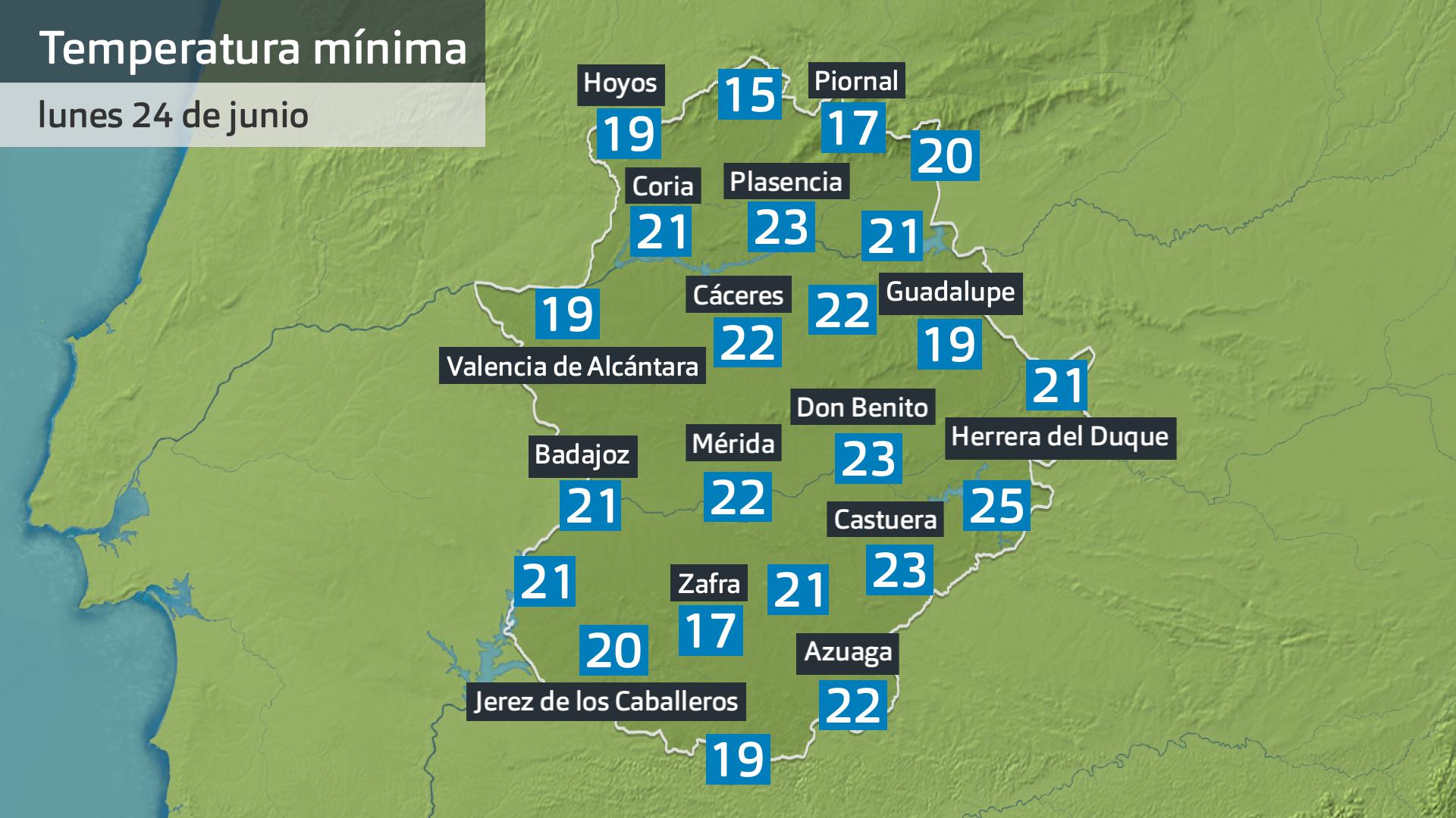 Temperatura mínima lunes 24 de junio. Datos hasta las 6:45 h. Aemet, Meteoclimatic et al.