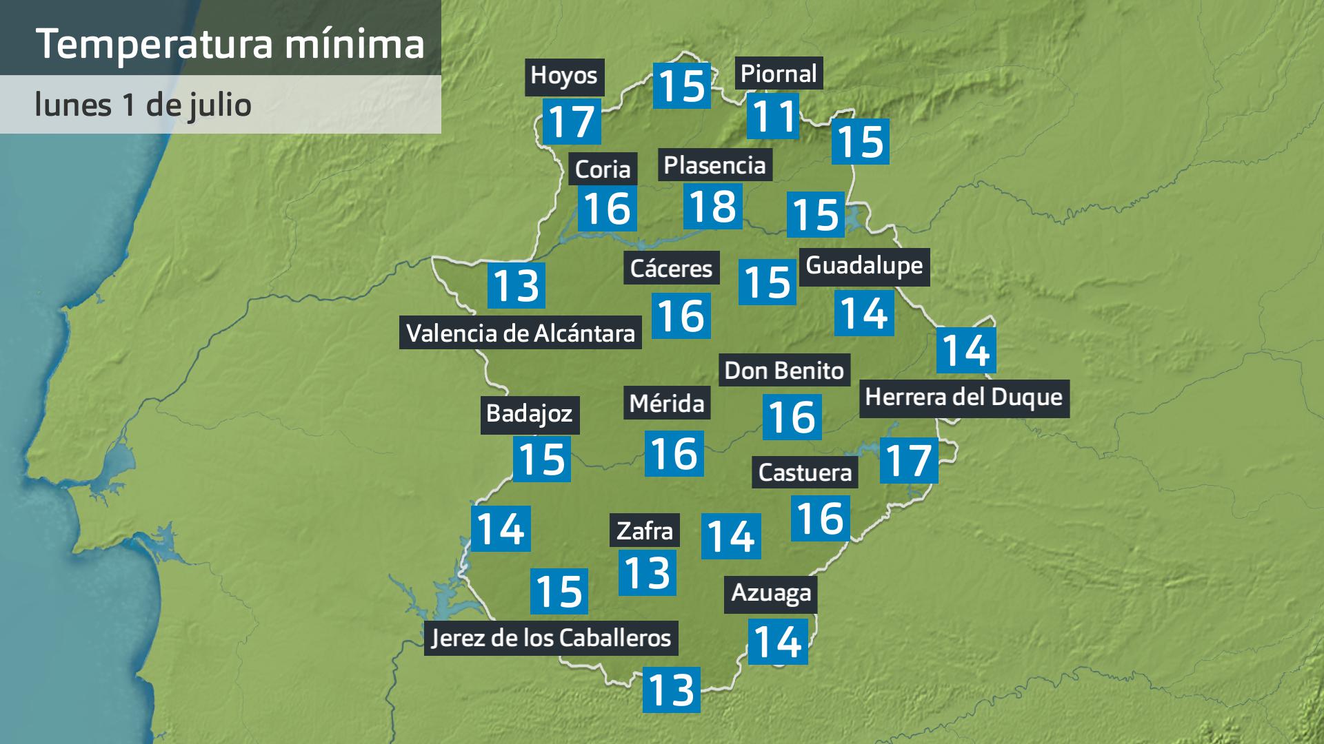 Temperatura mínima lunes 1 de julio. Datos hasta las 6:45 h. Aemet, Meteoclimatic et al.