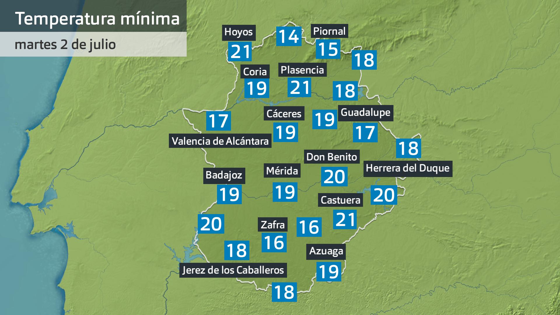 Temperatura mínima martes 2 de julio. Datos hasta las 6:45 h. Aemet, Meteoclimatic et al.