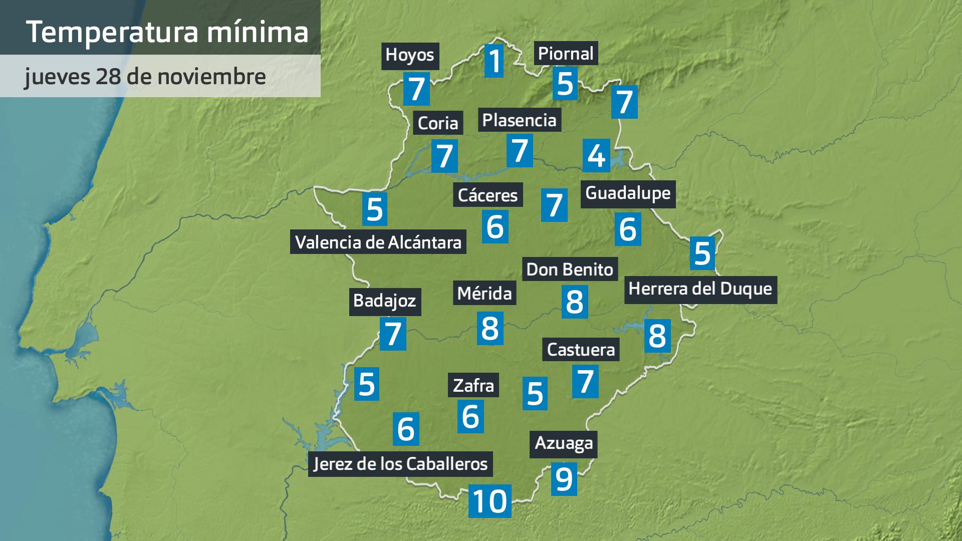 Temperatura mínima jueves 28 de noviembre. Datos hasta las 6:30 h. Aemet, Meteoclimatic et al.