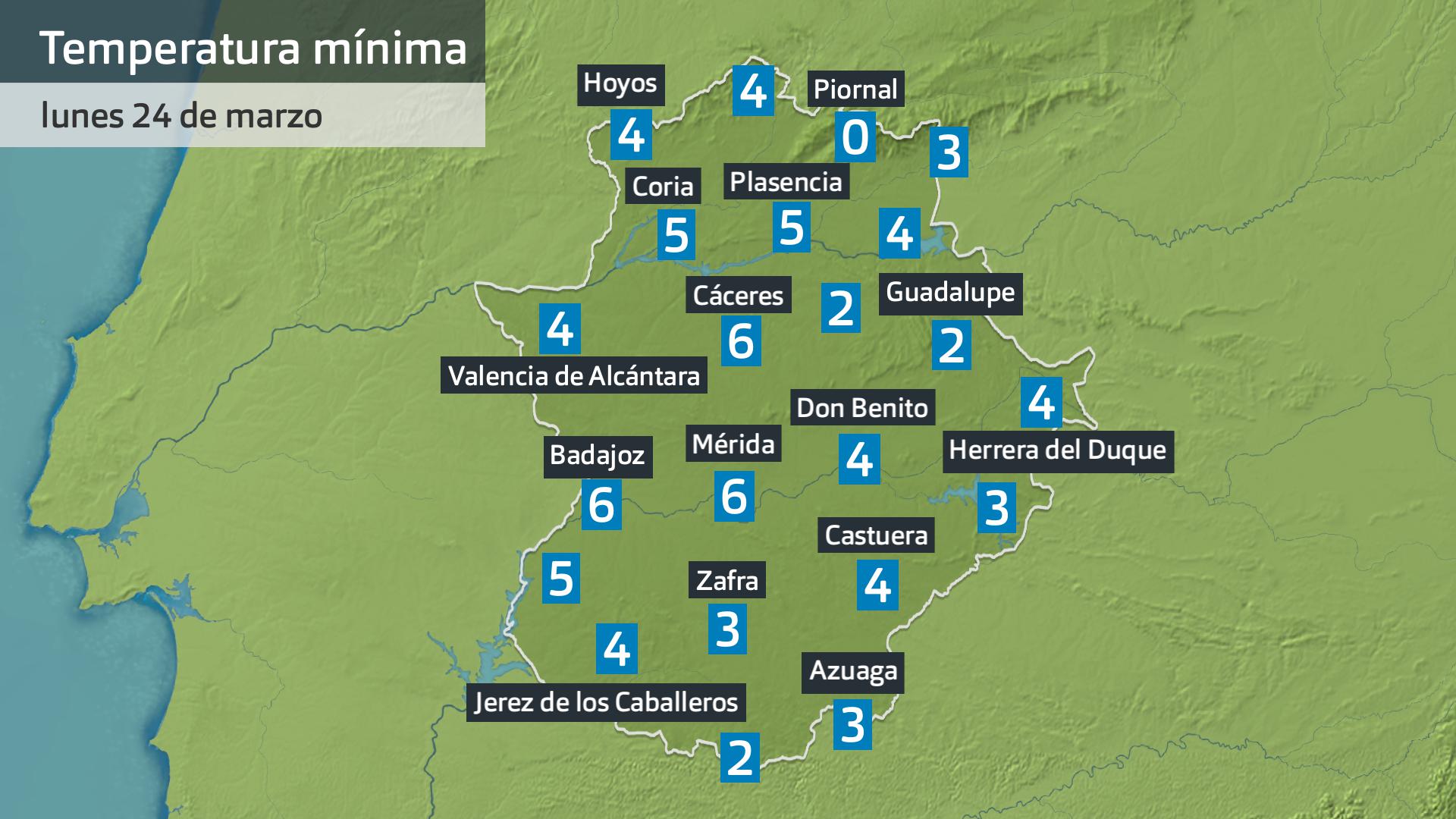 Temperaturamínima lunes 24 de marzo. Datos hasta las 6:30 h. Aemet, Meteoclimatic et al.
