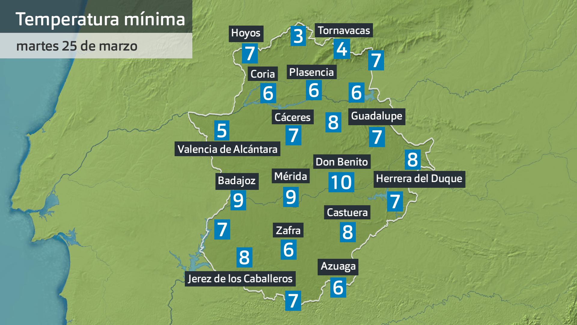 Temperaturamínima martes 25 de marzo. Datos hasta las 6:30 h. Aemet, Meteoclimatic et al.