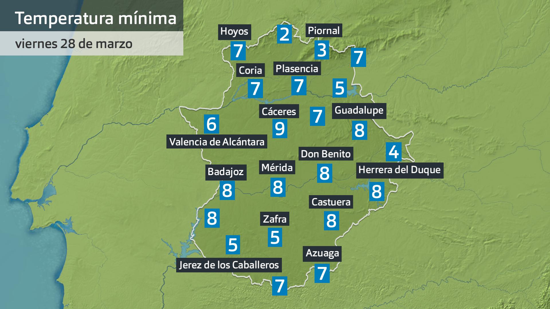 Temperatura mínima viernes 28 de marzo. Datos hasta las 6:30 h. Aemet, Meteoclimatic et al.