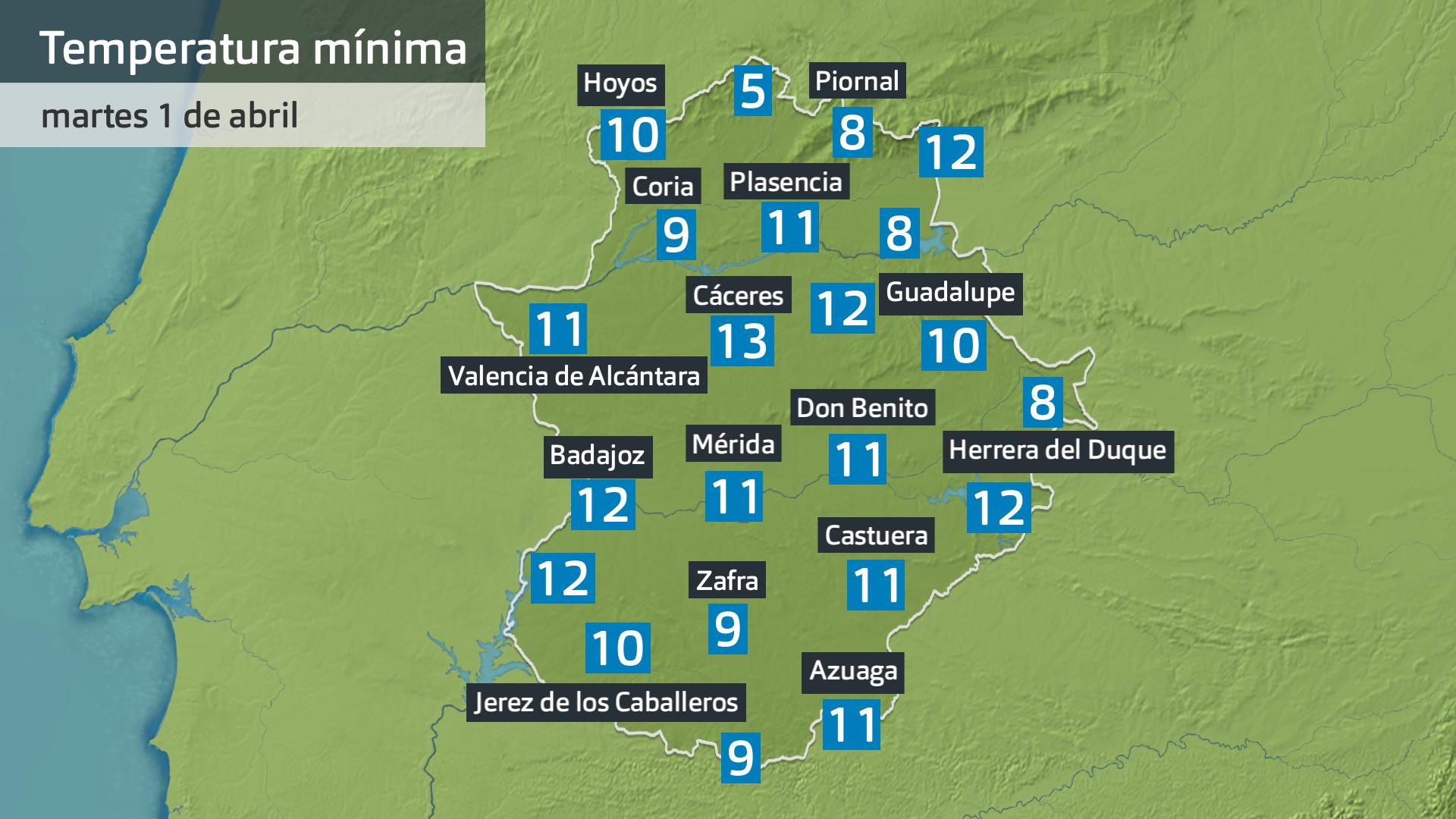 Temperatura mínima martes 1 de abril. Datos hasta las 6:30 h. Aemet, Meteoclimatic et al.