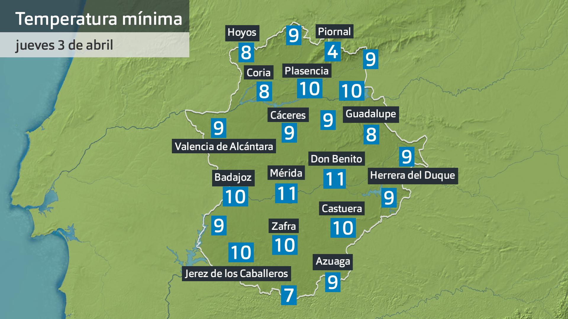 Temperatura mínima jueves 3 de abril. Datos hasta las 6:30 h. Aemet, Meteoclimatic et al.