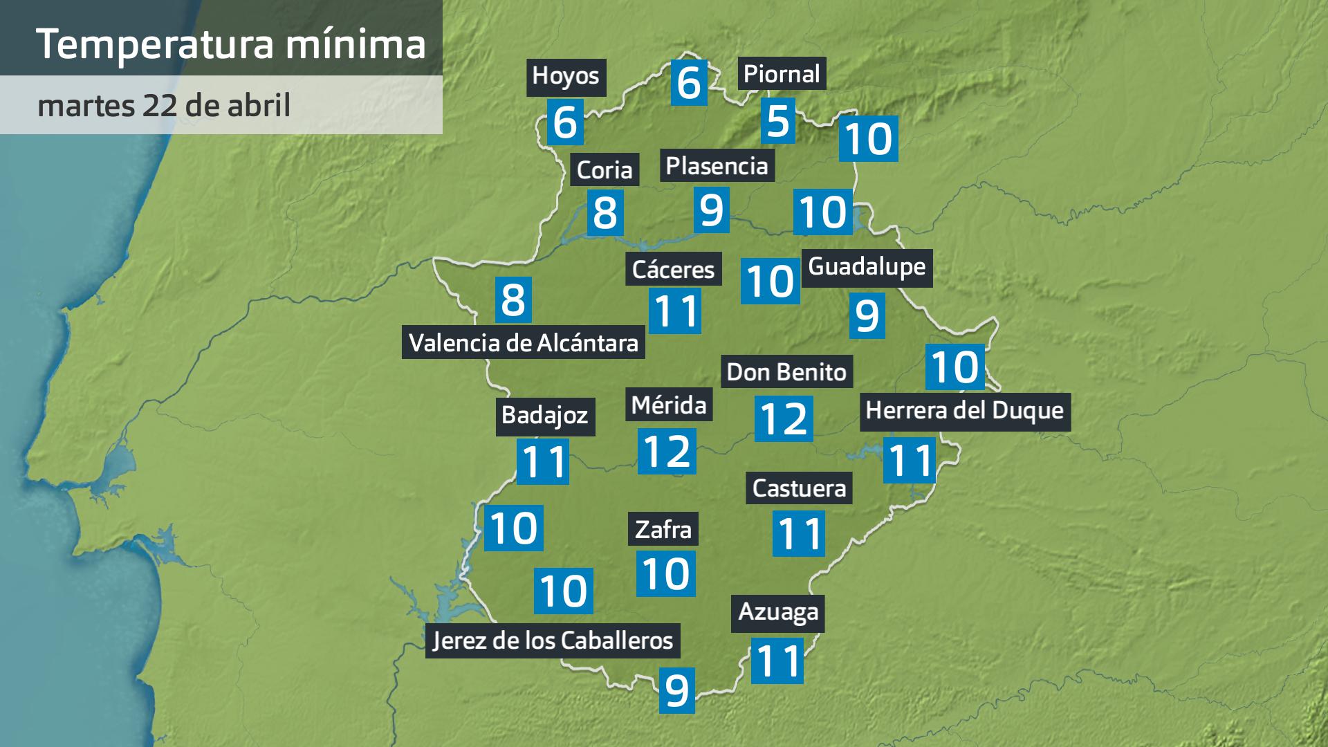 Temperatura mínima martes 22 de abril. Datos hasta las 6:30 h. Aemet, Meteoclimatic et al.